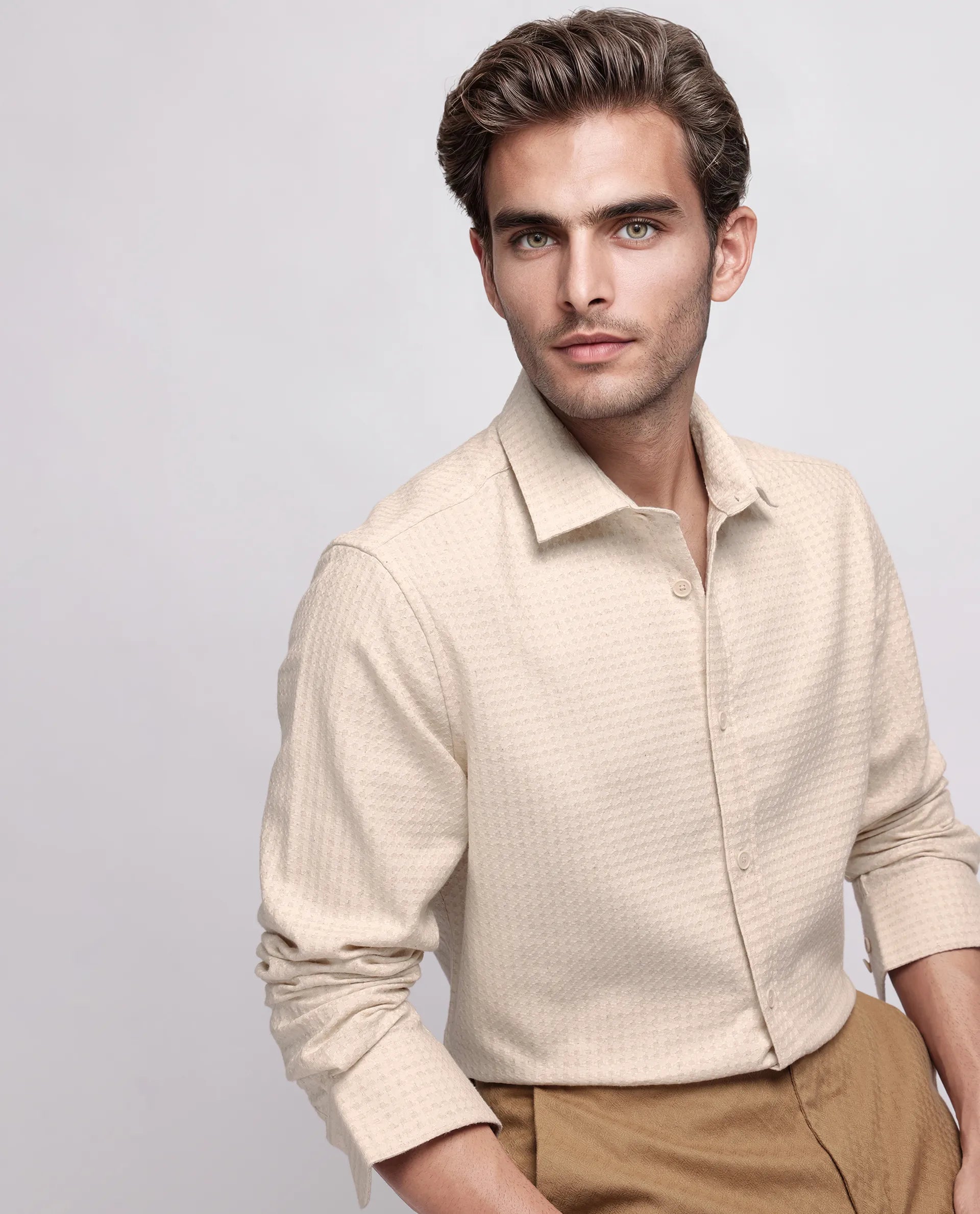 Rare Rabbit Men's Fei Ls Beige Cotton Textured Regular Fit Full Sleeve Collared Shirt