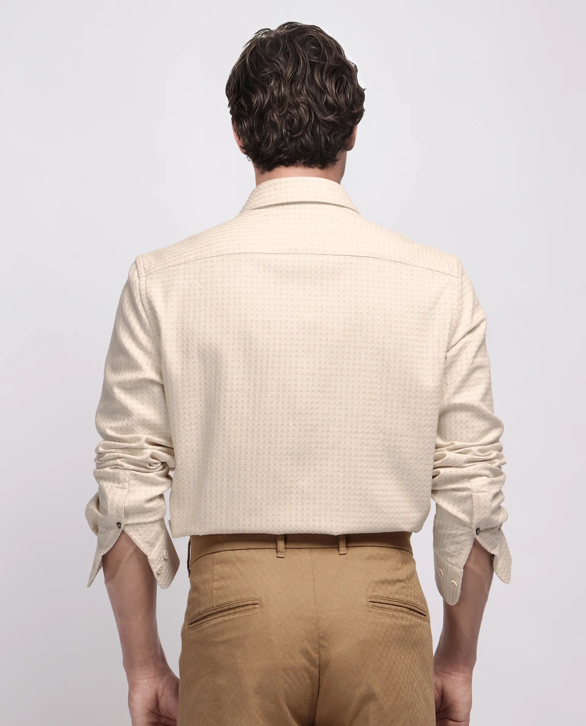 Rare Rabbit Men's Fei Ls Beige Cotton Textured Regular Fit Full Sleeve Collared Shirt