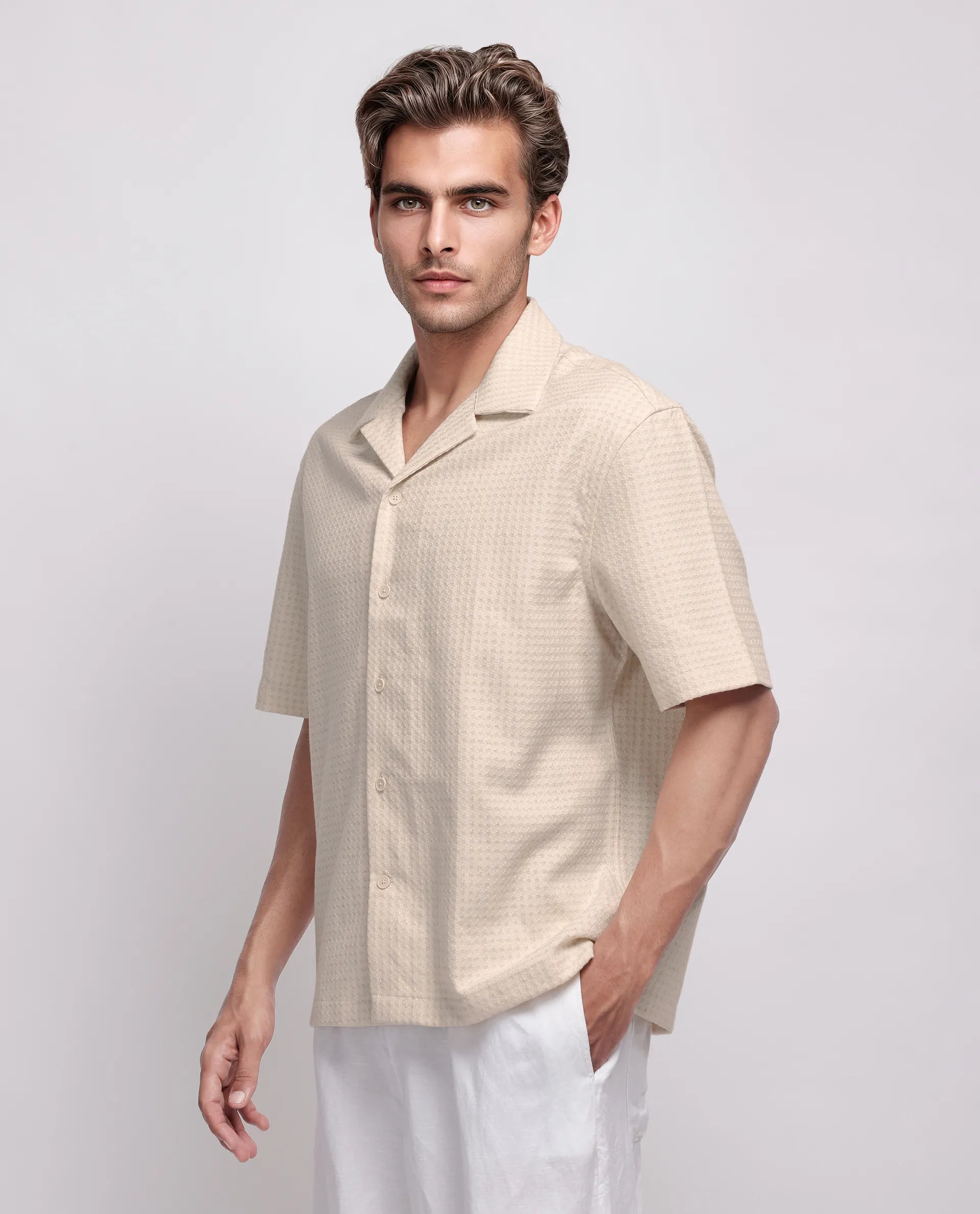 Rare Rabbit Men's Fei Ss Beige Cotton Textured Boxy Fit Half Sleeve Cuban Collar Shirt