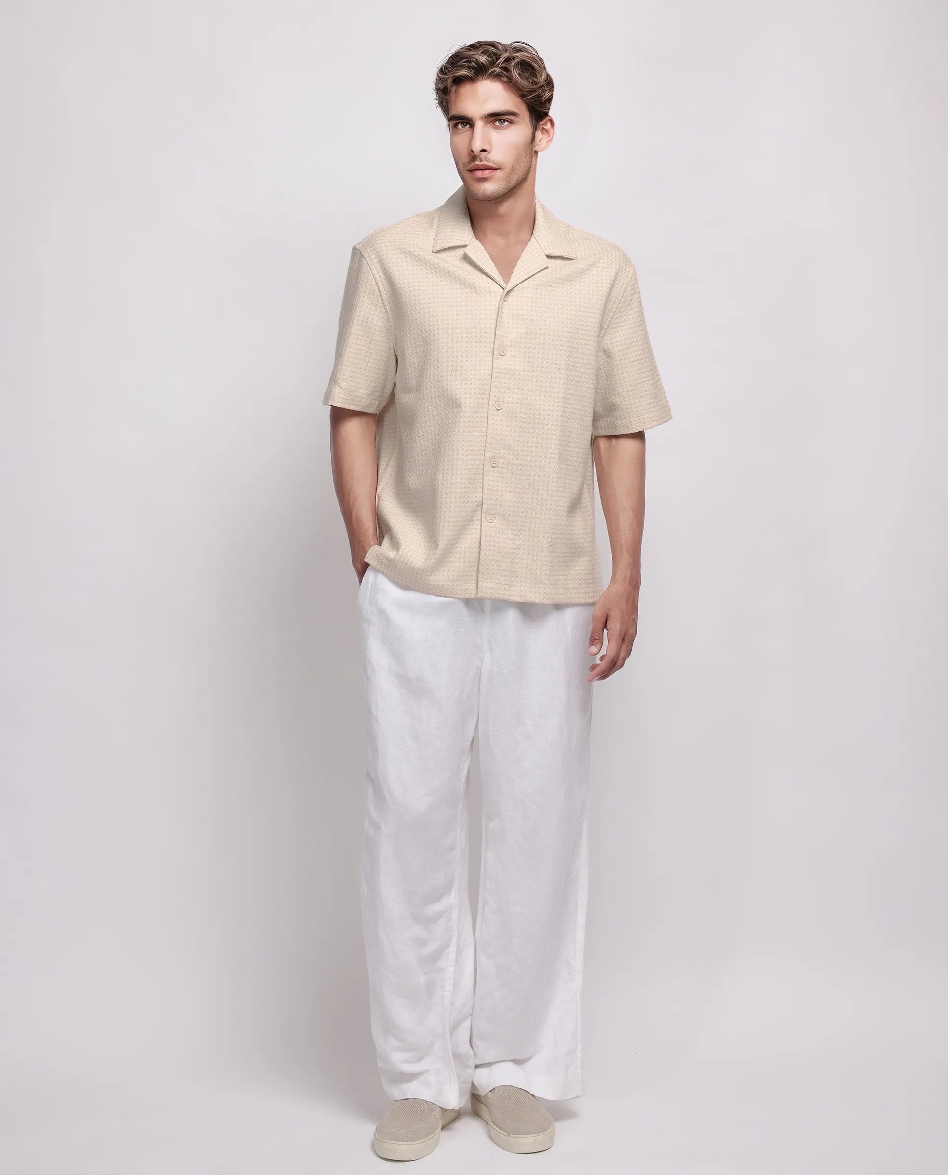 Rare Rabbit Men's Fei Ss Beige Cotton Textured Boxy Fit Half Sleeve Cuban Collar Shirt