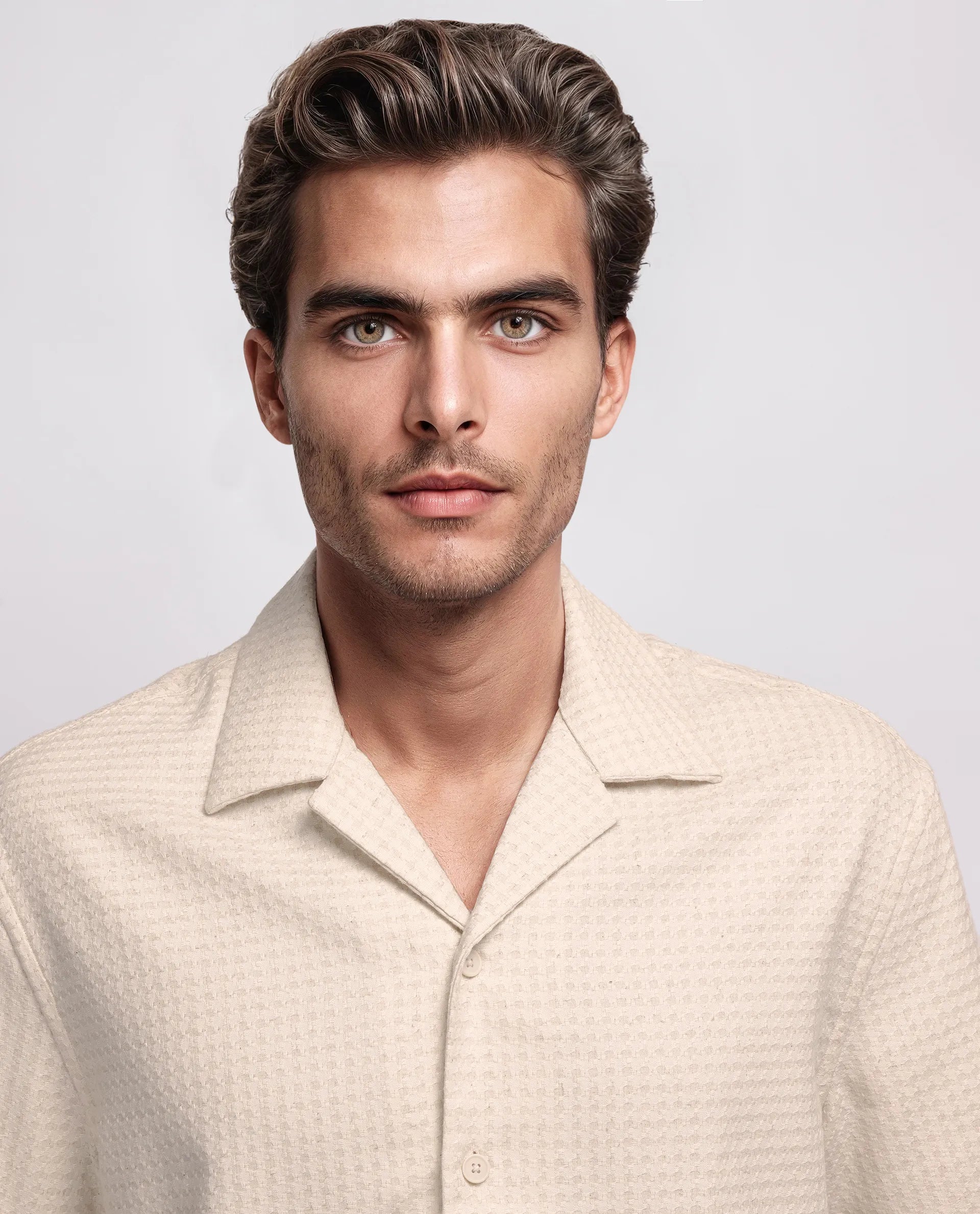 Rare Rabbit Men's Fei Ss Beige Cotton Textured Boxy Fit Half Sleeve Cuban Collar Shirt