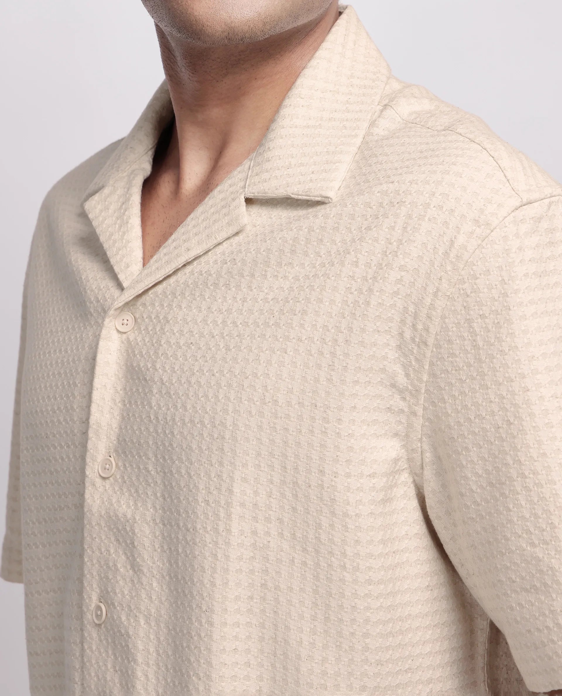 Rare Rabbit Men's Fei Ss Beige Cotton Textured Boxy Fit Half Sleeve Cuban Collar Shirt