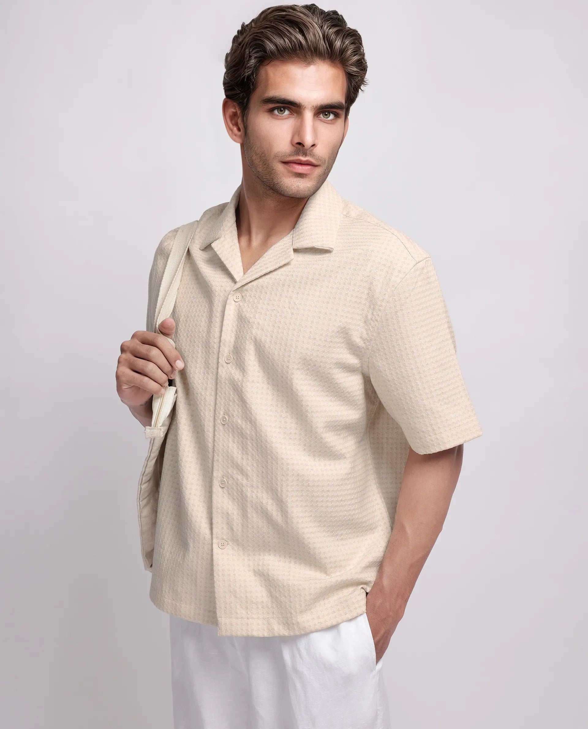 Rare Rabbit Men's Fei Ss Beige Cotton Textured Boxy Fit Half Sleeve Cuban Collar Shirt