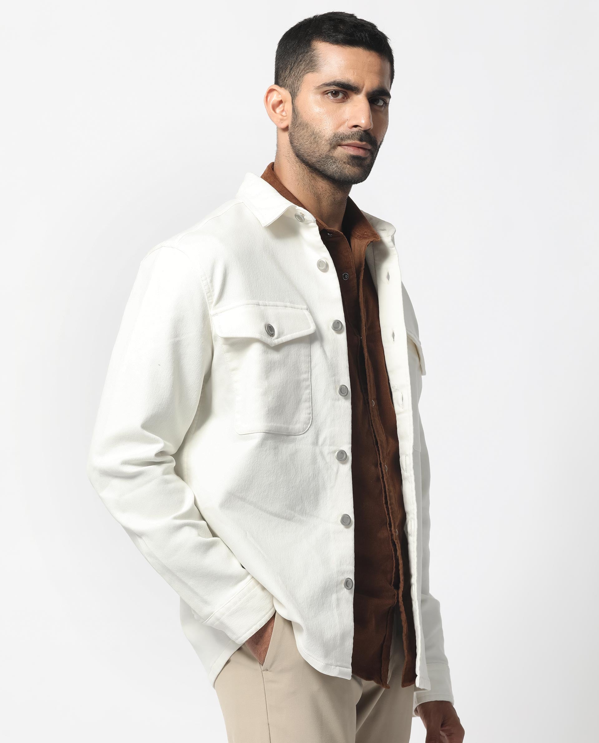 Rare Rabbit Men's Feld White Cotton Polyester Fabric Full Sleeves Button Closure Solid Twill Shacket