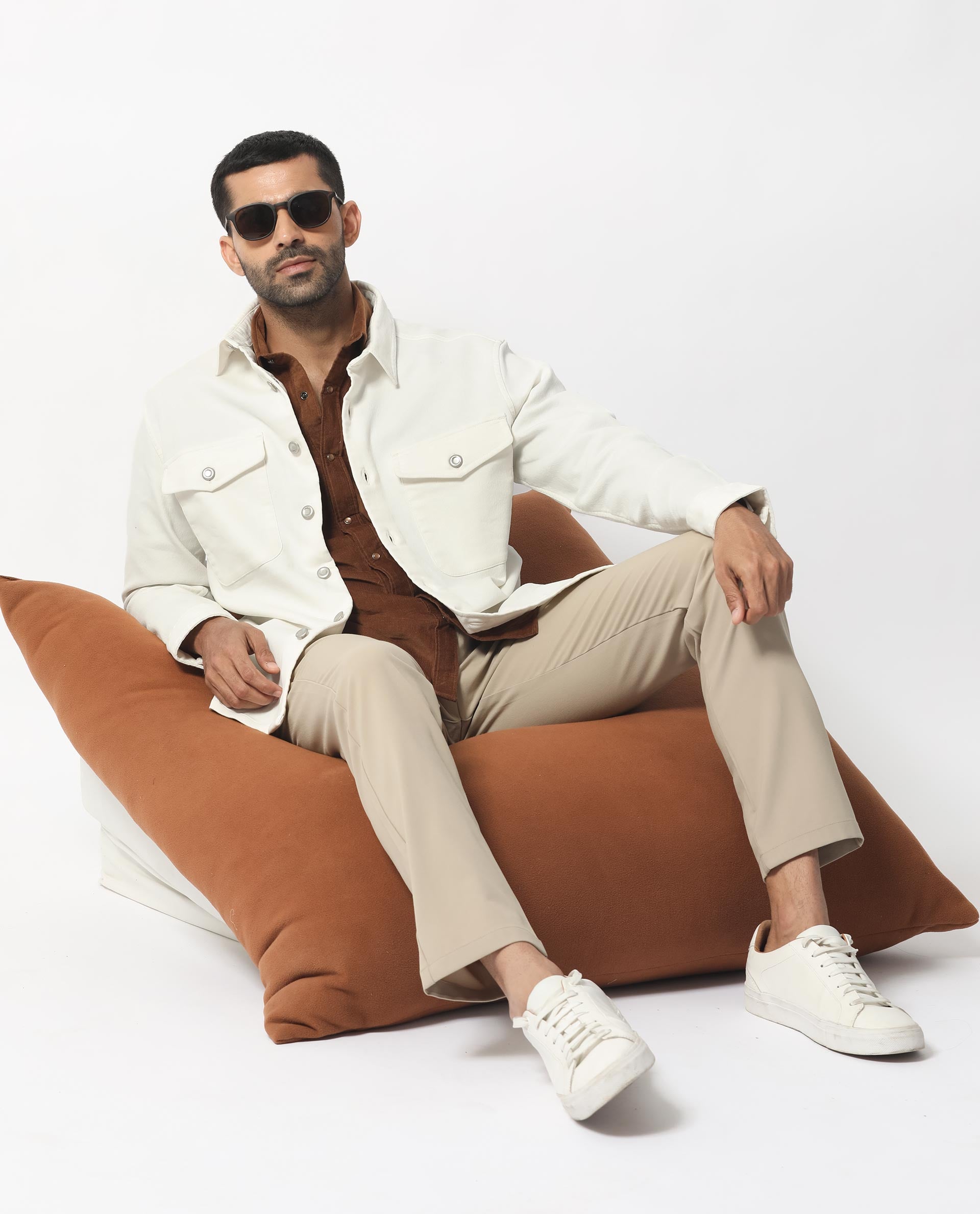Rare Rabbit Men's Feld White Cotton Polyester Fabric Full Sleeves Button Closure Solid Twill Shacket