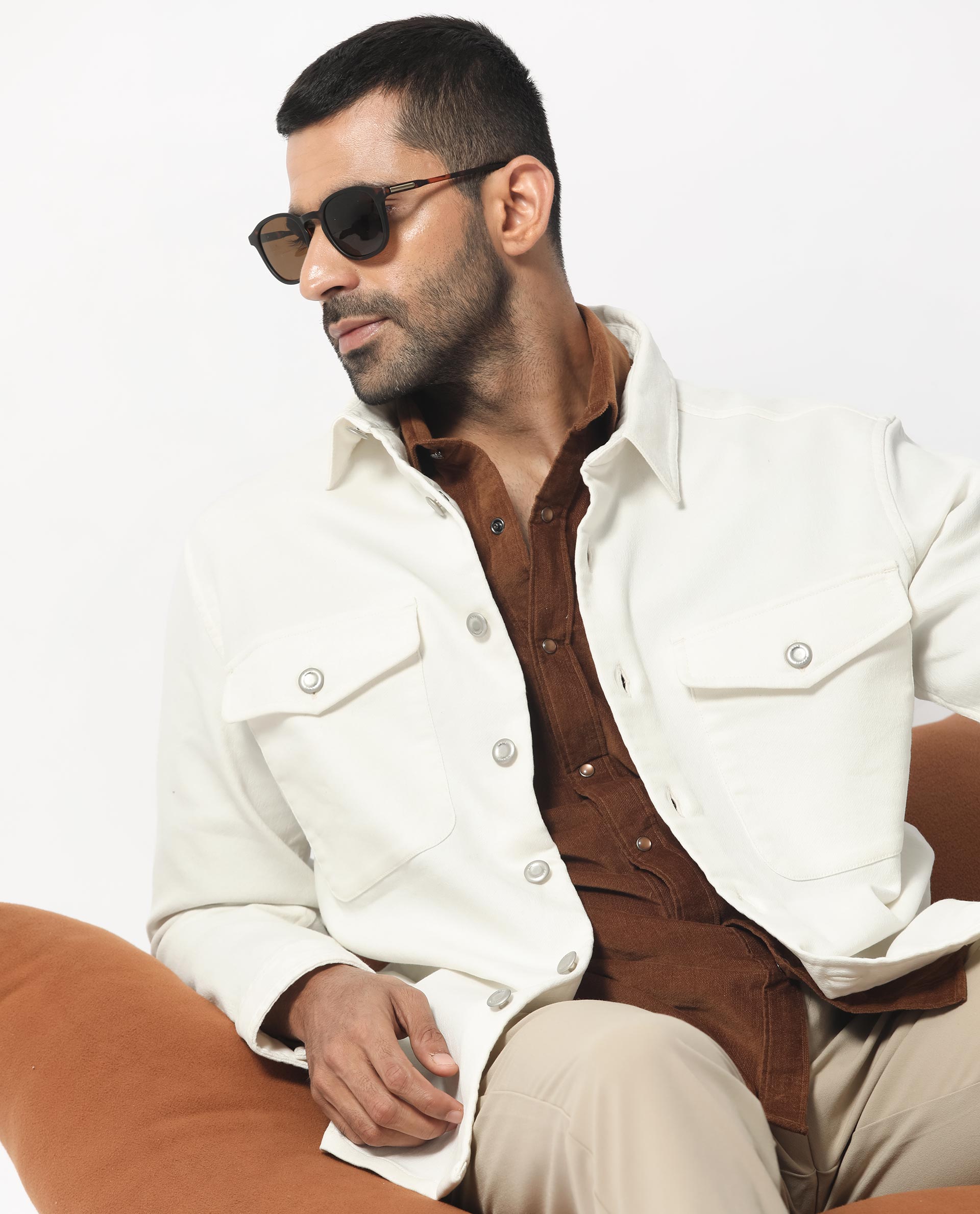 Rare Rabbit Men's Feld White Cotton Polyester Fabric Full Sleeves Button Closure Solid Twill Shacket