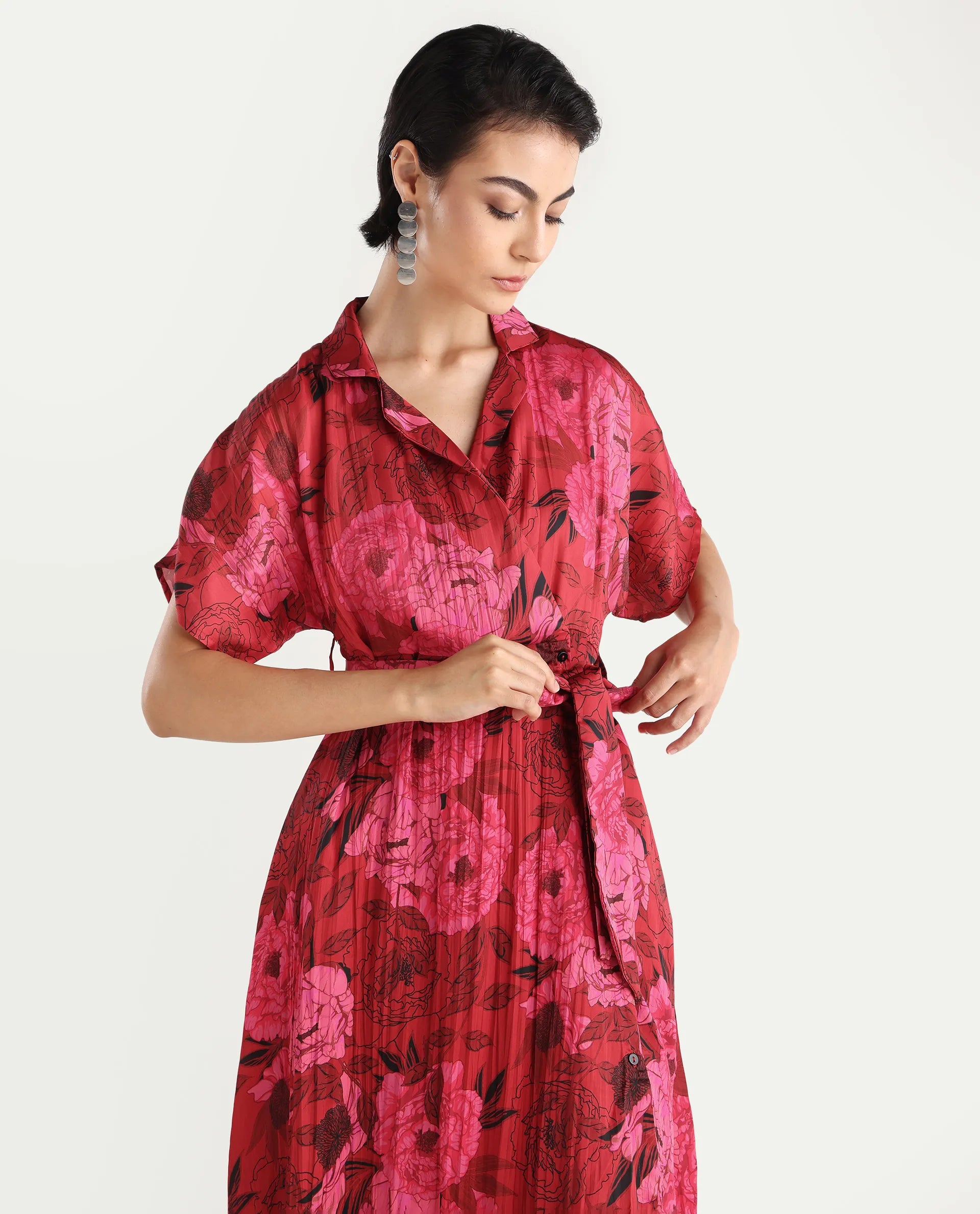 Rareism Women's Felik Red Polyester Lapel Neck Floral Print Extended Sleeves Midi Fit And Flare Dress