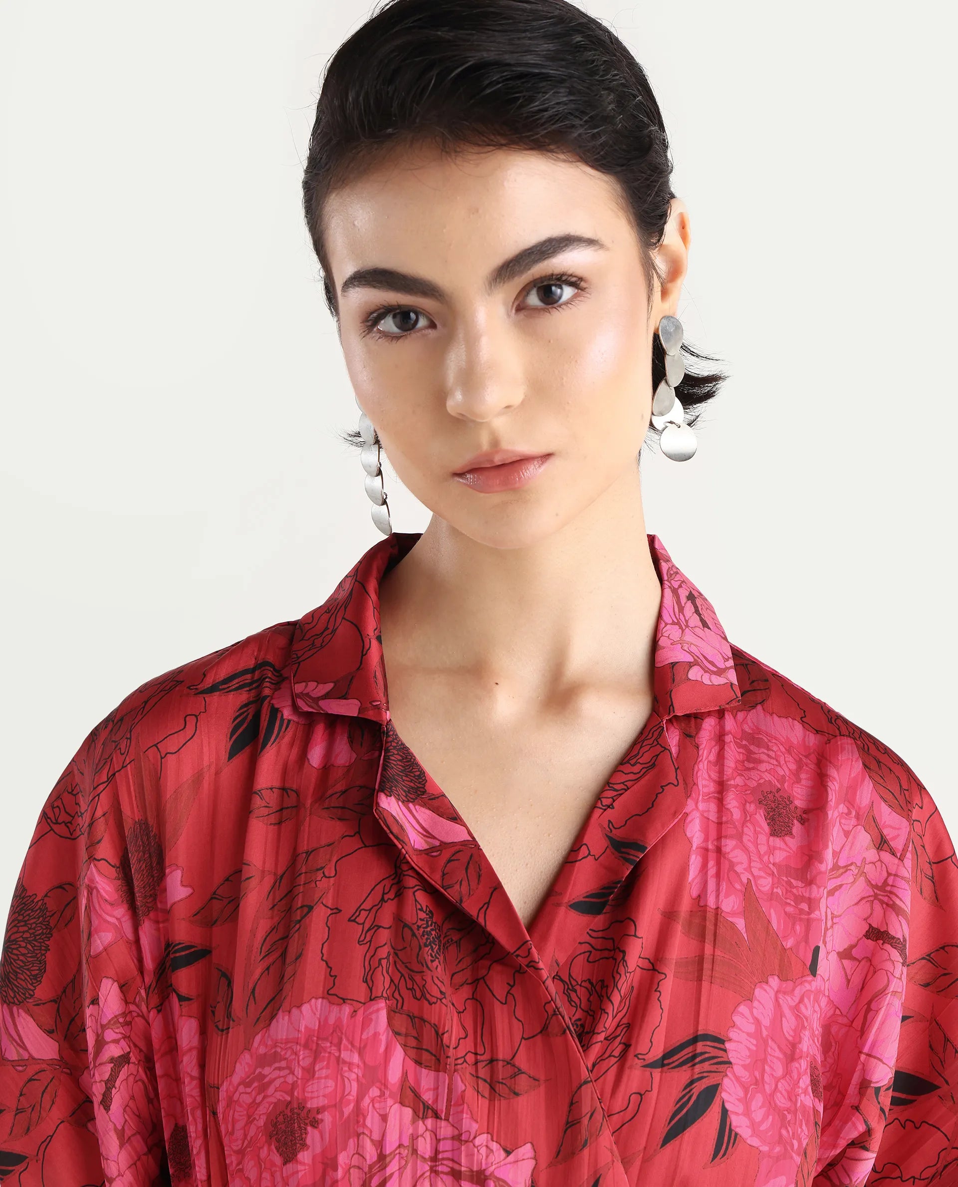 Rareism Women's Felik Red Polyester Lapel Neck Floral Print Extended Sleeves Midi Fit And Flare Dress