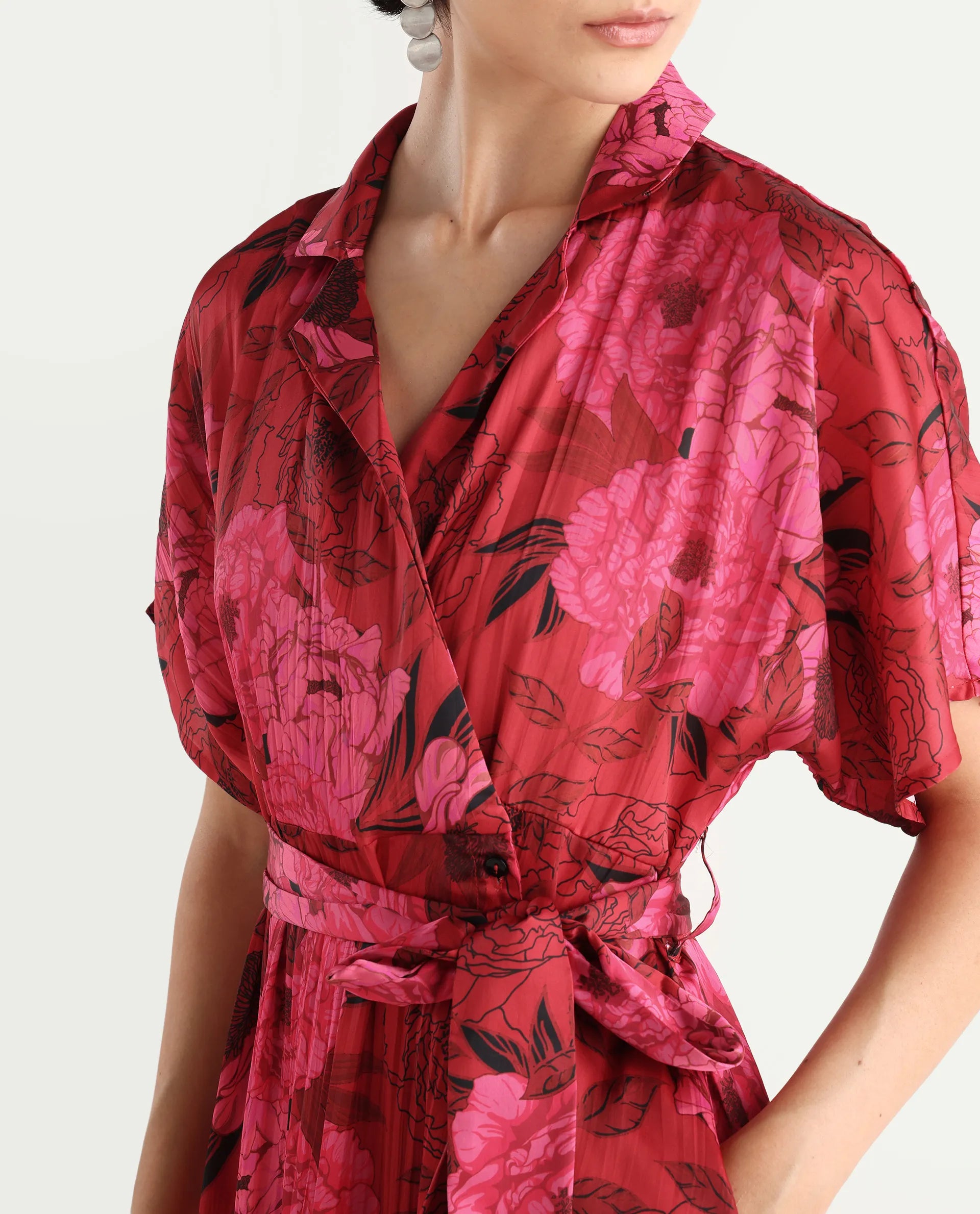 Rareism Women's Felik Red Polyester Lapel Neck Floral Print Extended Sleeves Midi Fit And Flare Dress