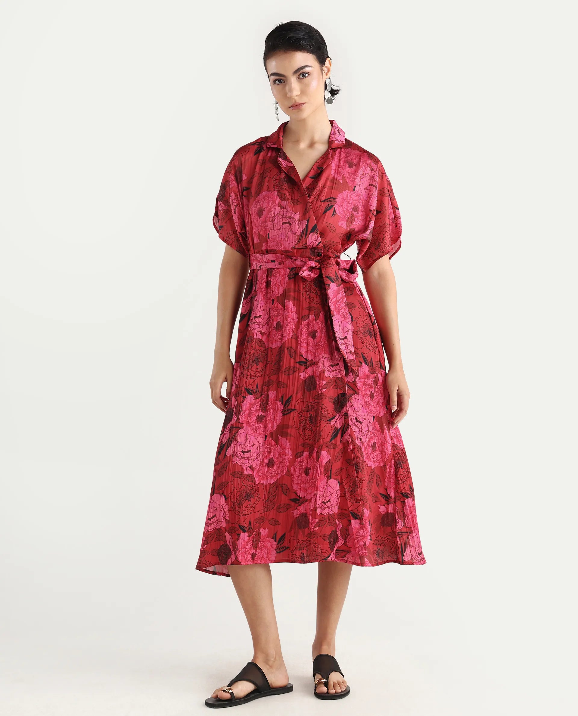 Rareism Women's Felik Red Polyester Lapel Neck Floral Print Extended Sleeves Midi Fit And Flare Dress