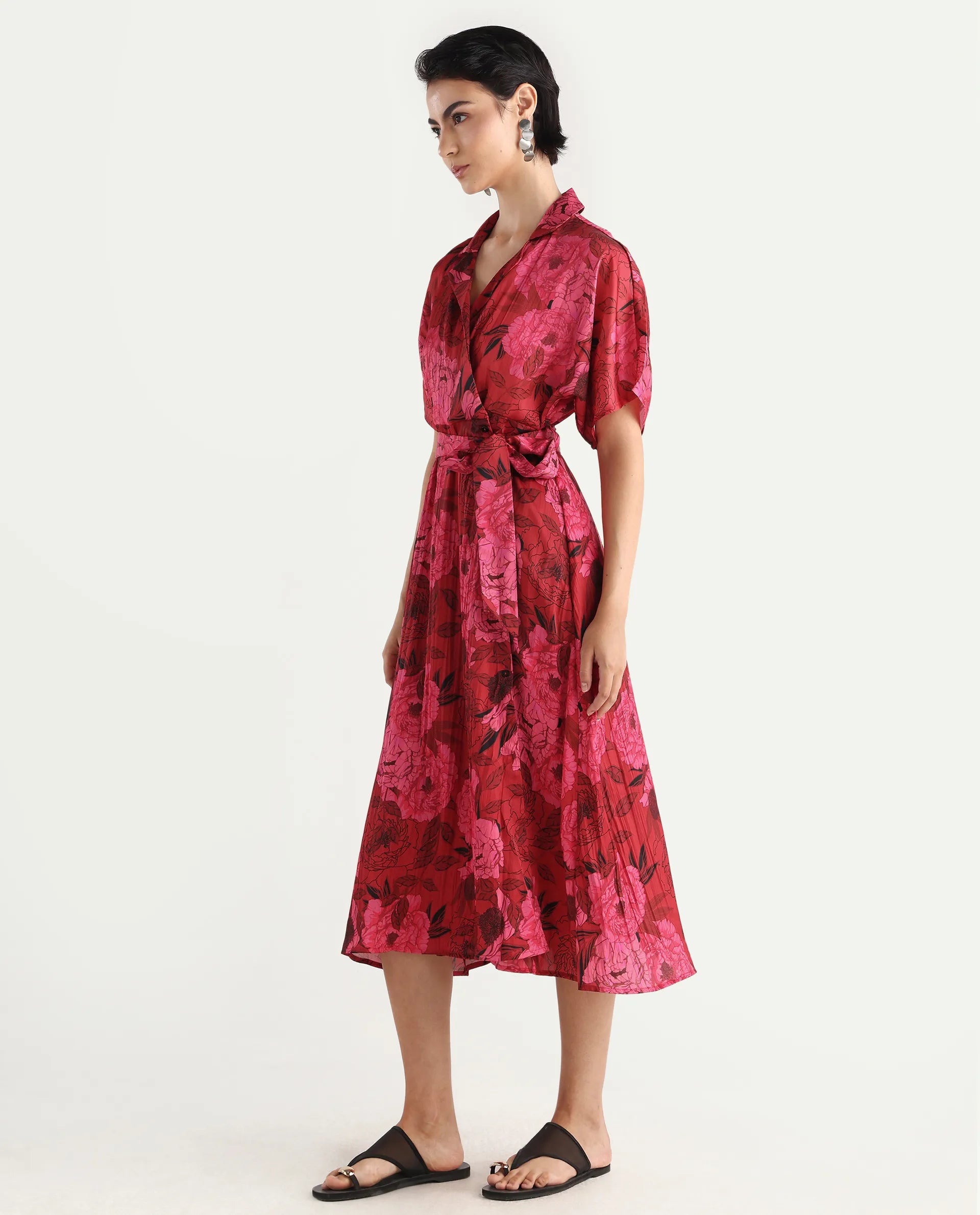 Rareism Women's Felik Red Polyester Lapel Neck Floral Print Extended Sleeves Midi Fit And Flare Dress