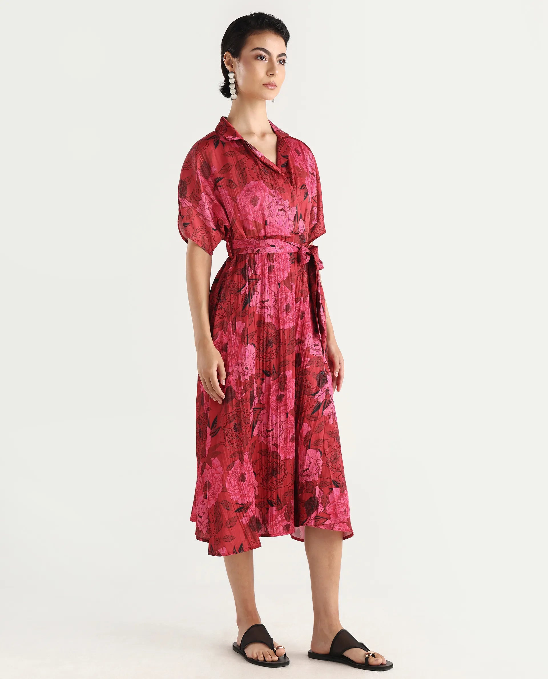 Rareism Women's Felik Red Polyester Lapel Neck Floral Print Extended Sleeves Midi Fit And Flare Dress