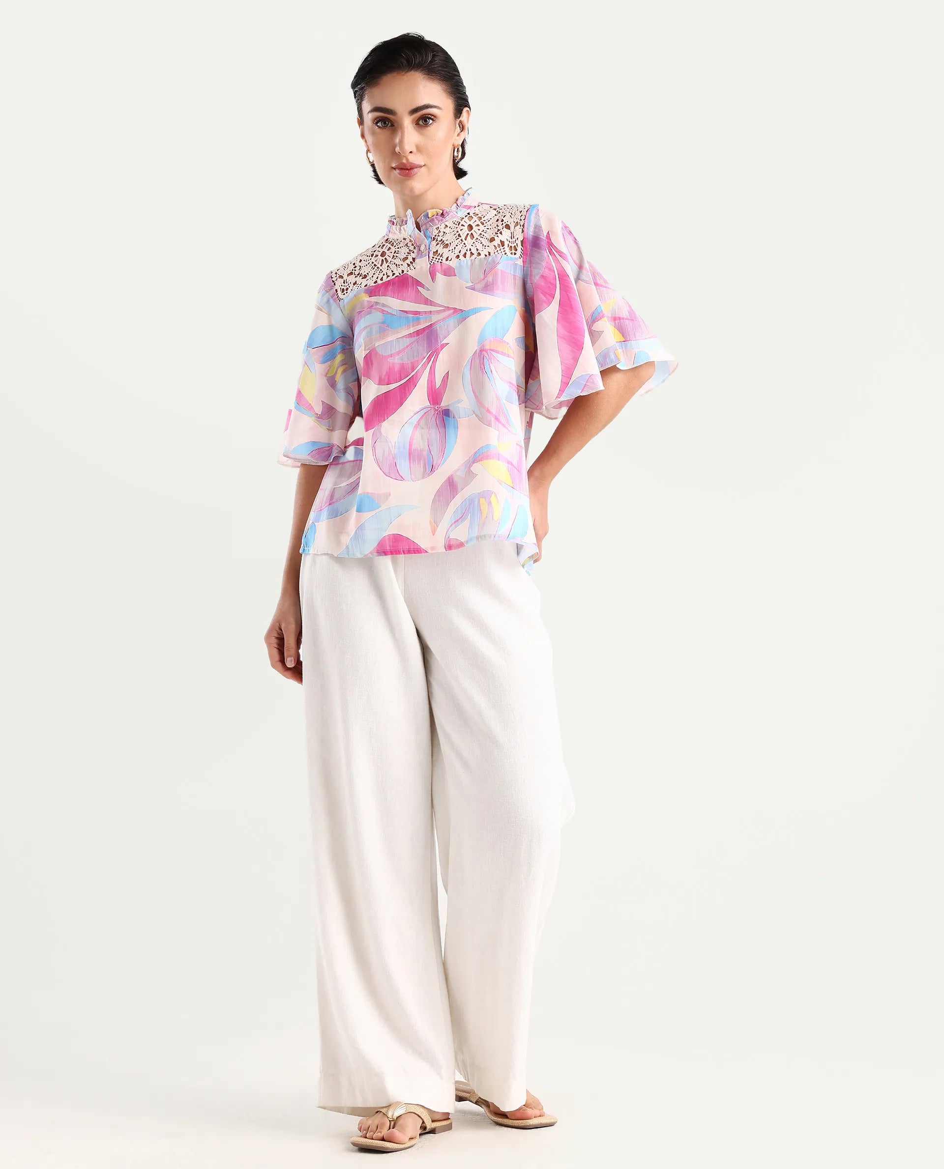 Rareism Women's Feli Pink Cotton Sweetheart Neck Abstract Print Ruffled Sleeve Regular Fit Top