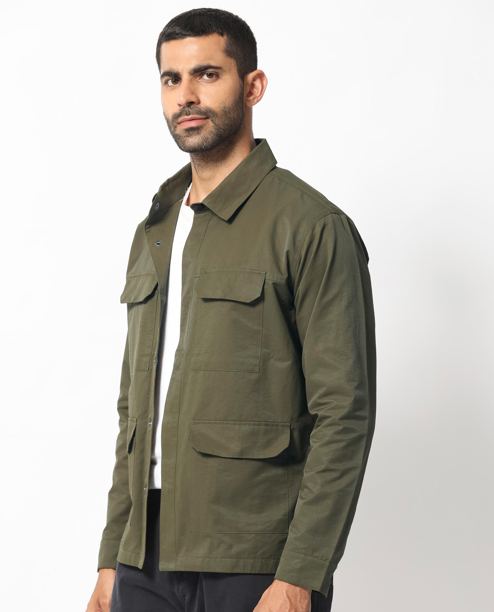 Rare Rabbit Men's Green Plain Utility Multi Pocket Jacket