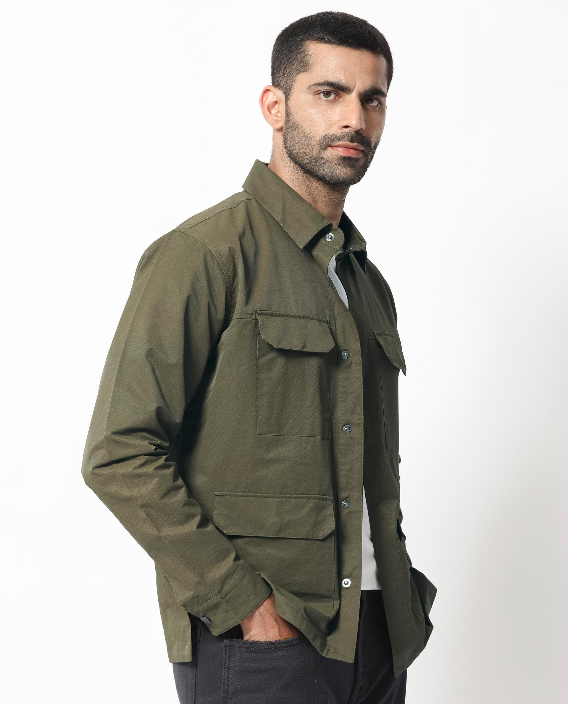 Rare Rabbit Men's Green Plain Utility Multi Pocket Jacket
