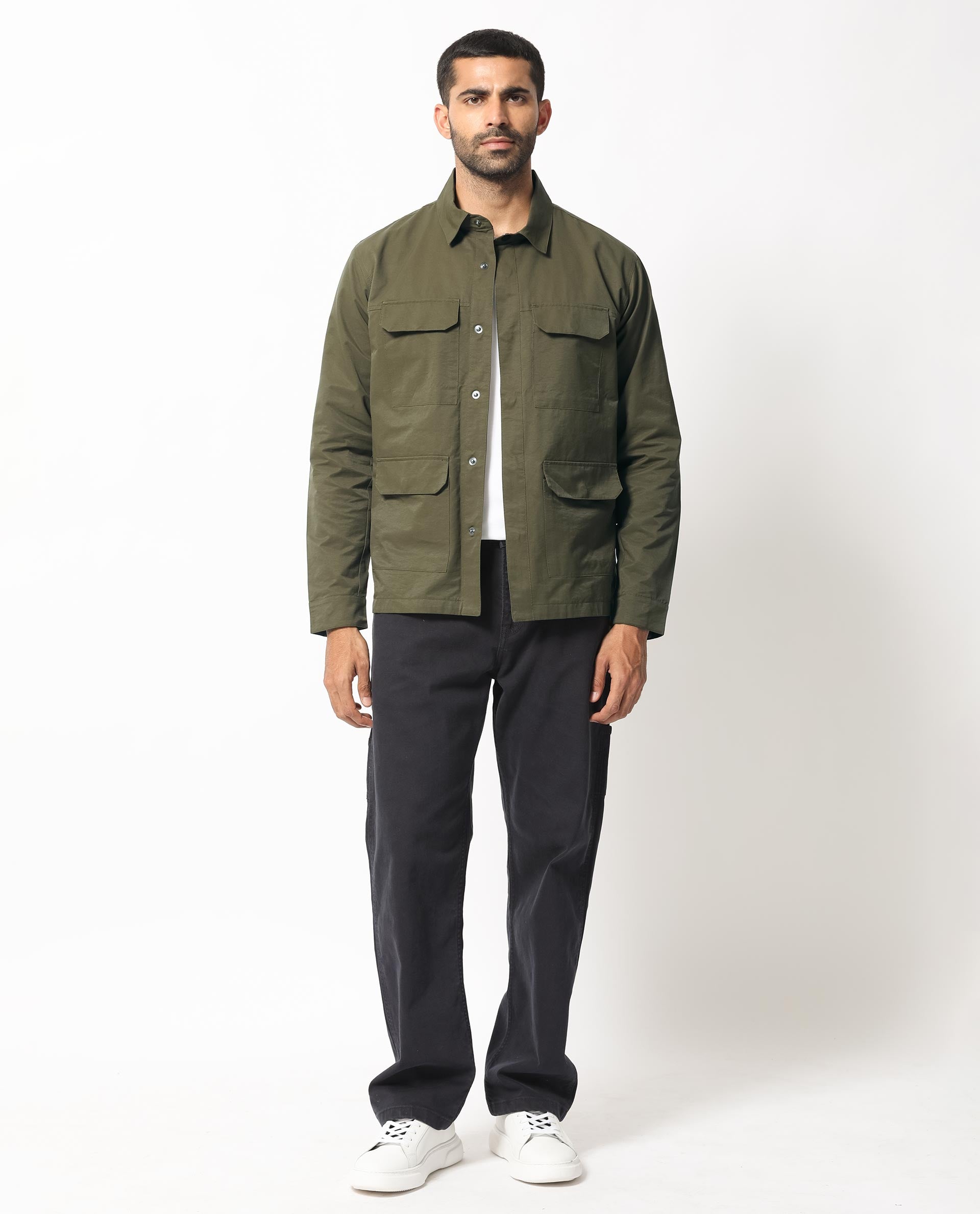 Rare Rabbit Men's Green Plain Utility Multi Pocket Jacket