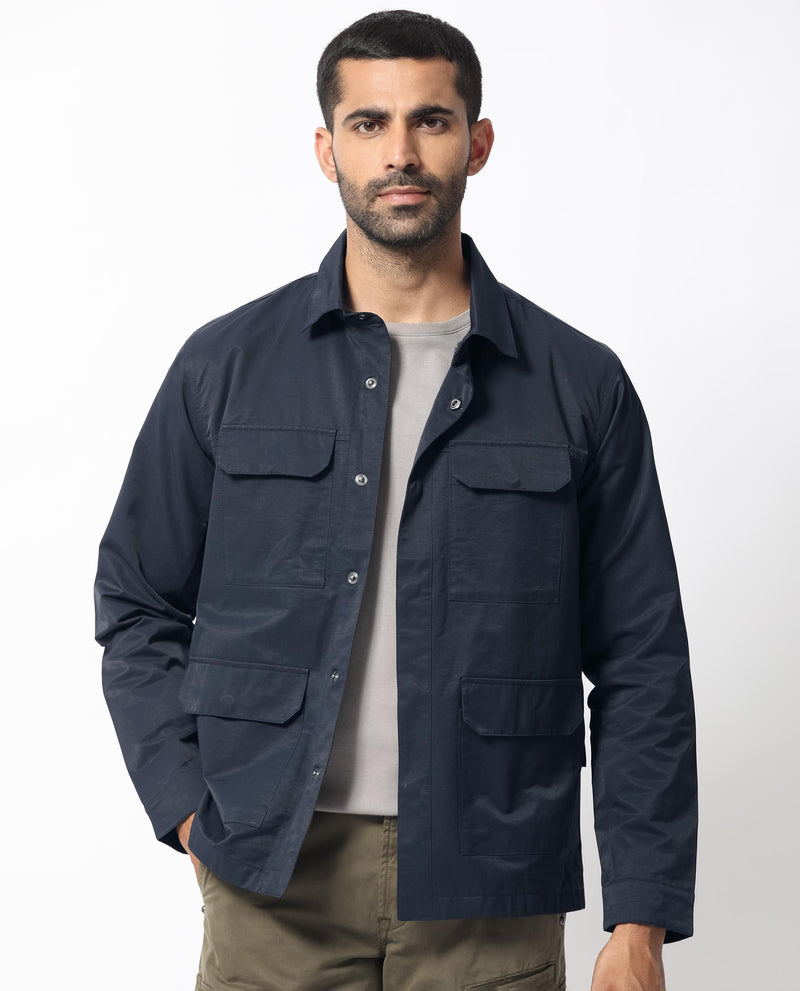 Rare Rabbit Men's Feliu Navy Plain Multi Pocket Utility Jacket