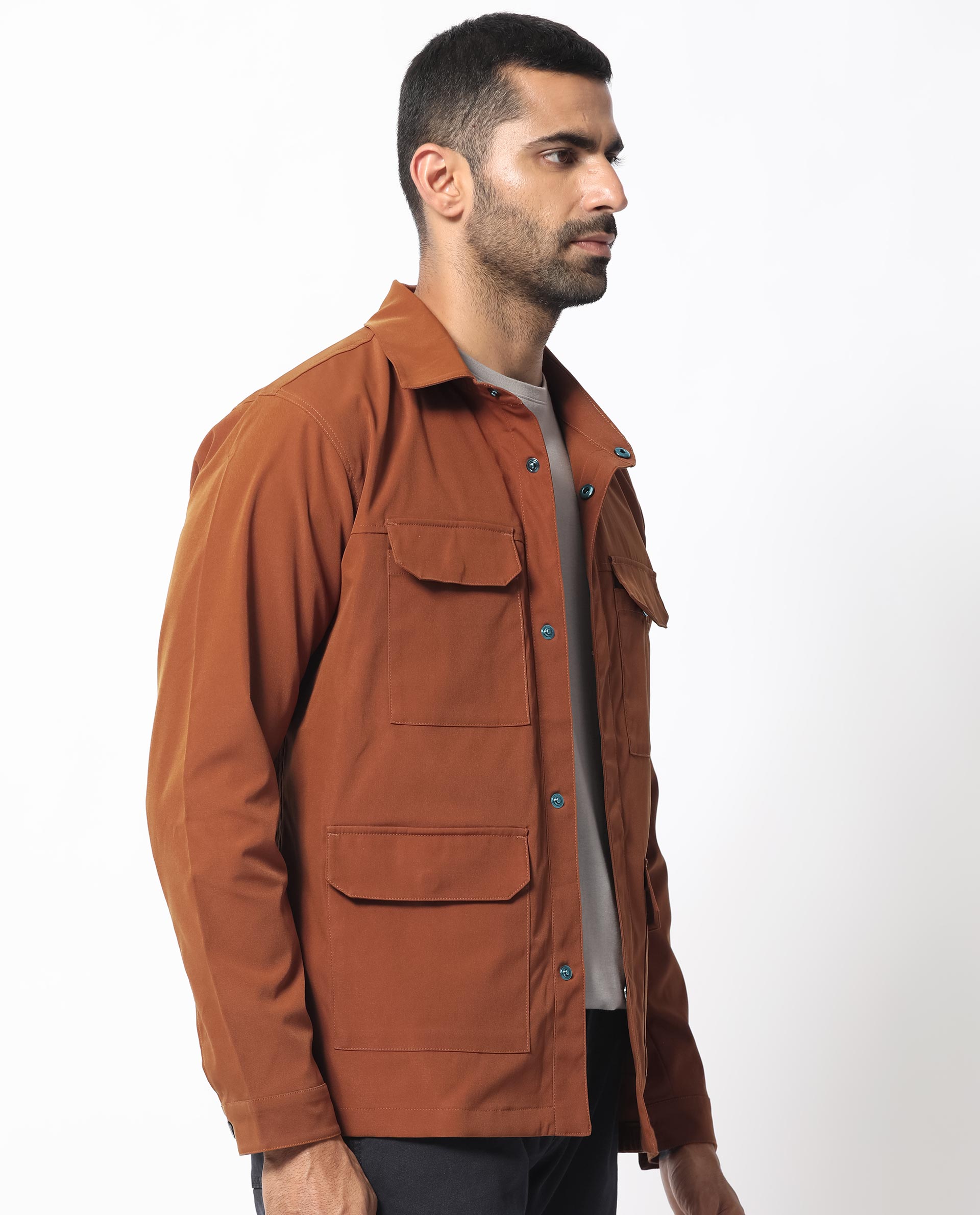 Rare Rabbit Men's Feliu Rust Plain Multi Pocket Utility Jacket