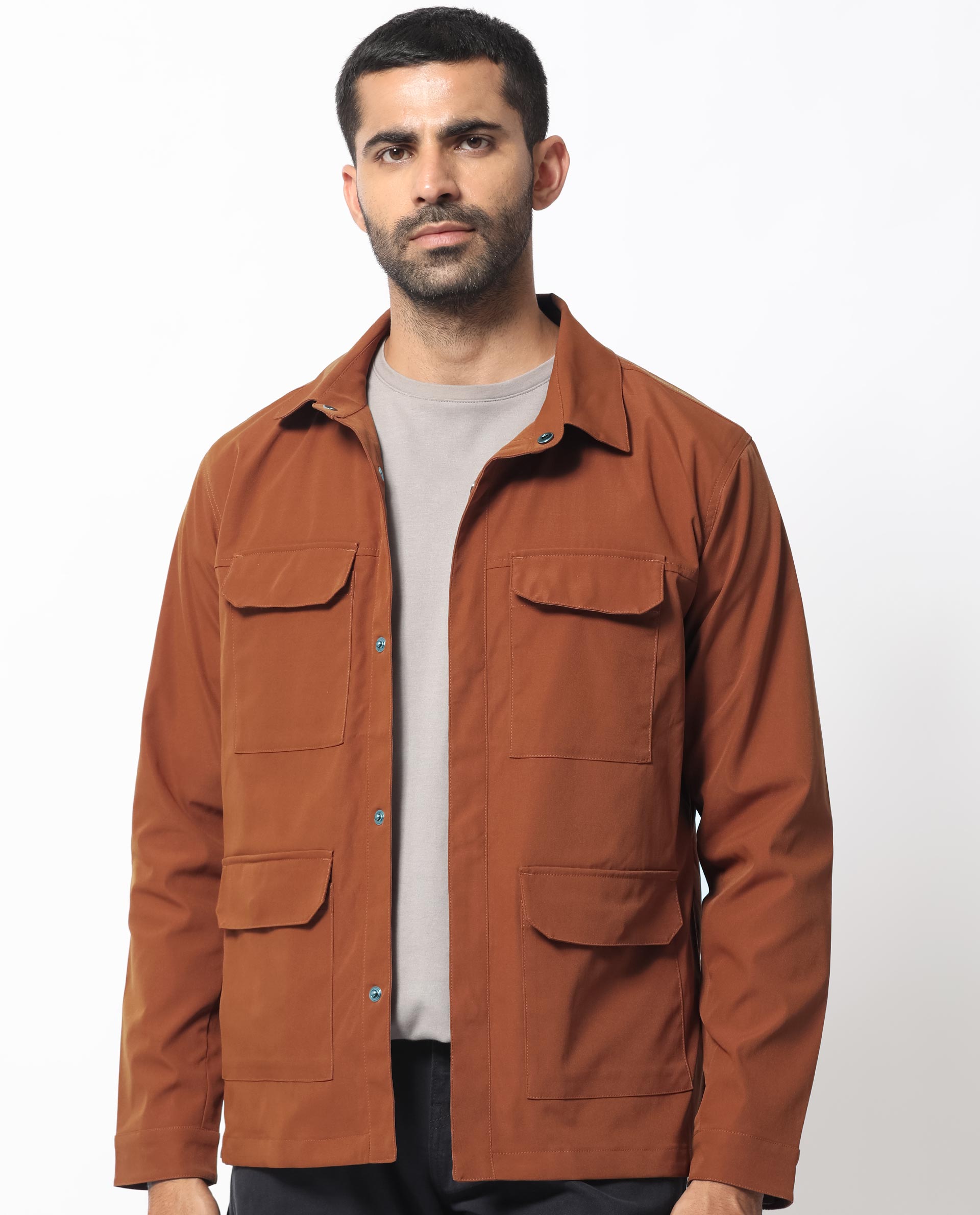 Rare Rabbit Men's Feliu Rust Plain Multi Pocket Utility Jacket