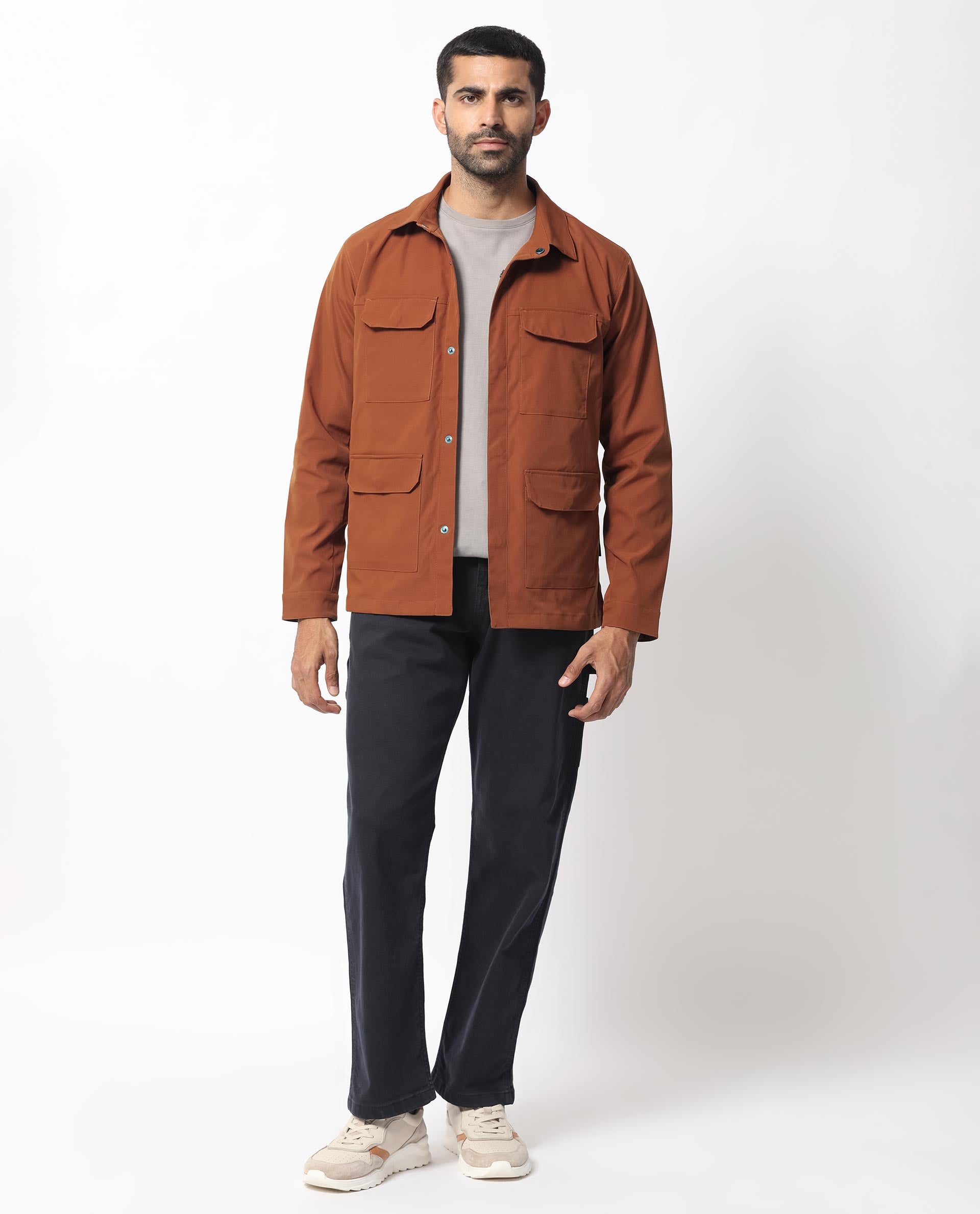 Rare Rabbit Men's Feliu Rust Plain Multi Pocket Utility Jacket
