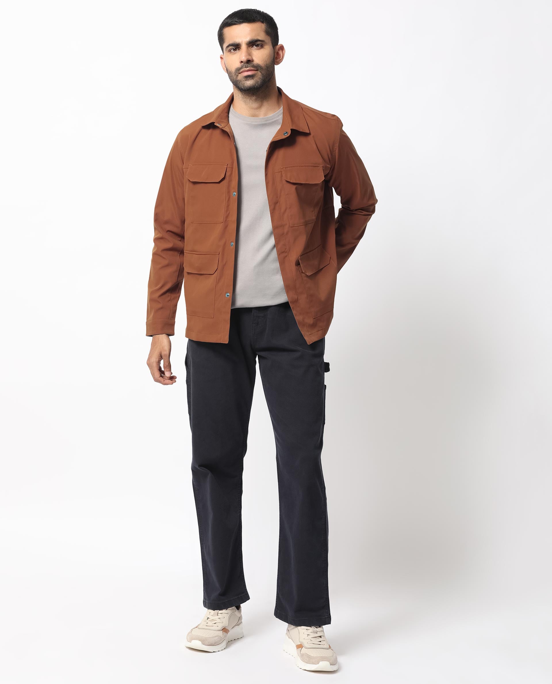 Rare Rabbit Men's Feliu Rust Plain Multi Pocket Utility Jacket