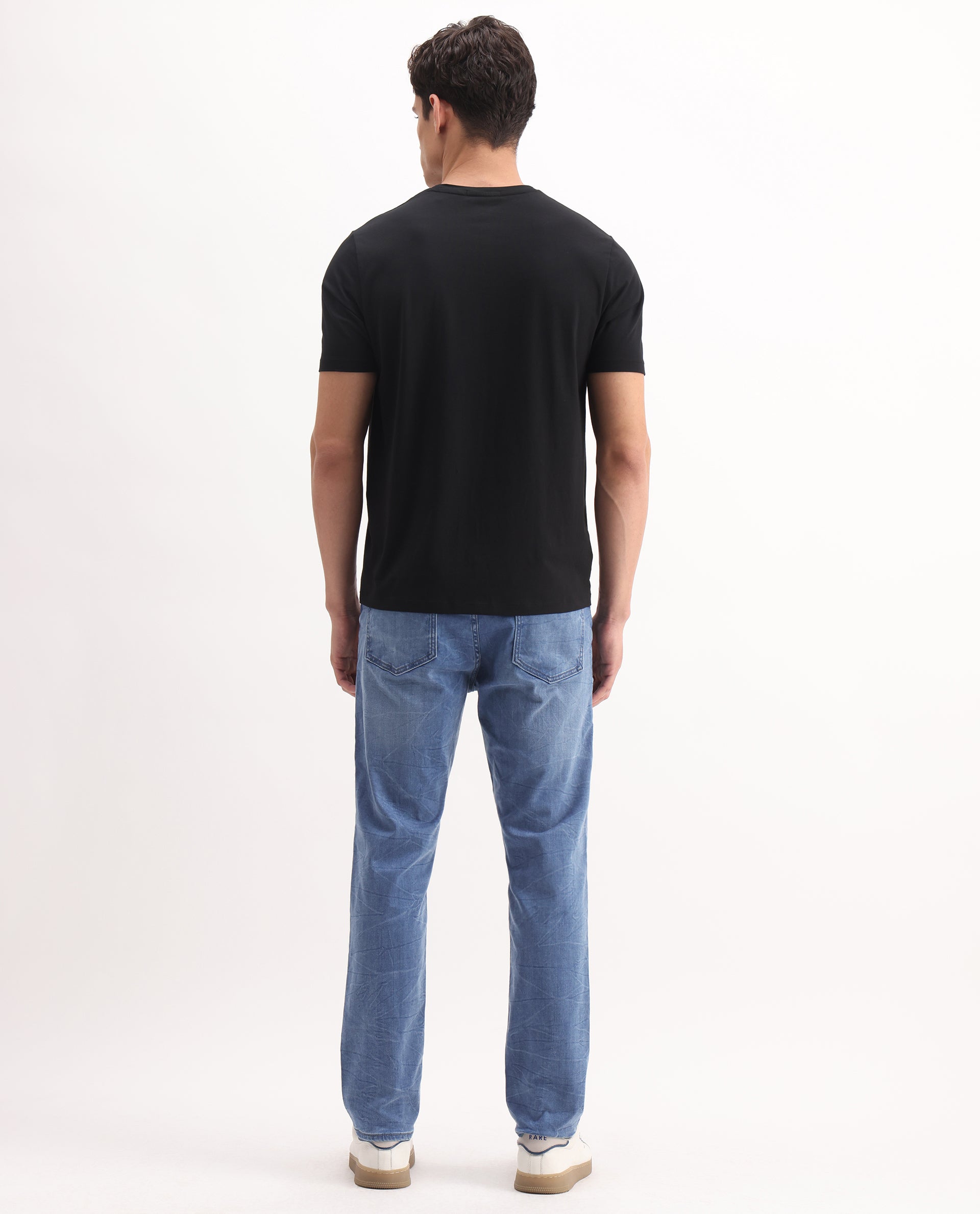 Rare Rabbit Men's Felix-K Blue Cotton Blend Plain Kurt Carrot Fit Jeans