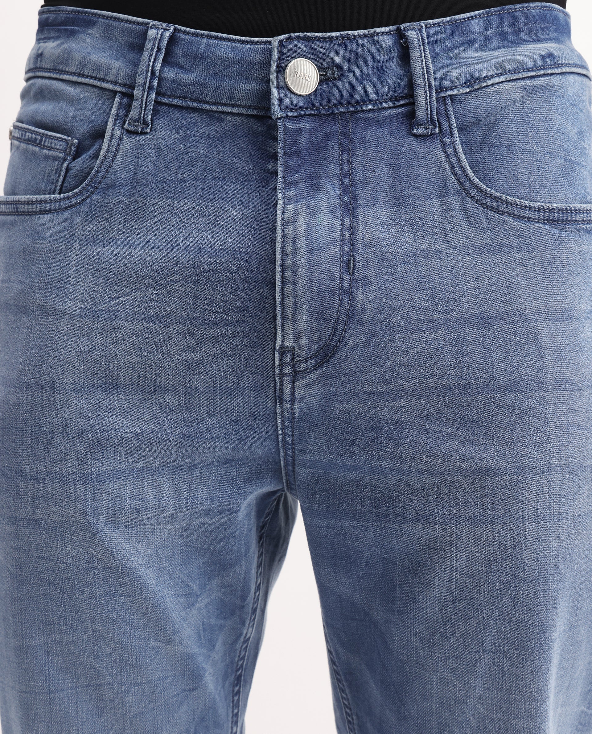 Rare Rabbit Men's Felix-K Blue Cotton Blend Plain Kurt Carrot Fit Jeans