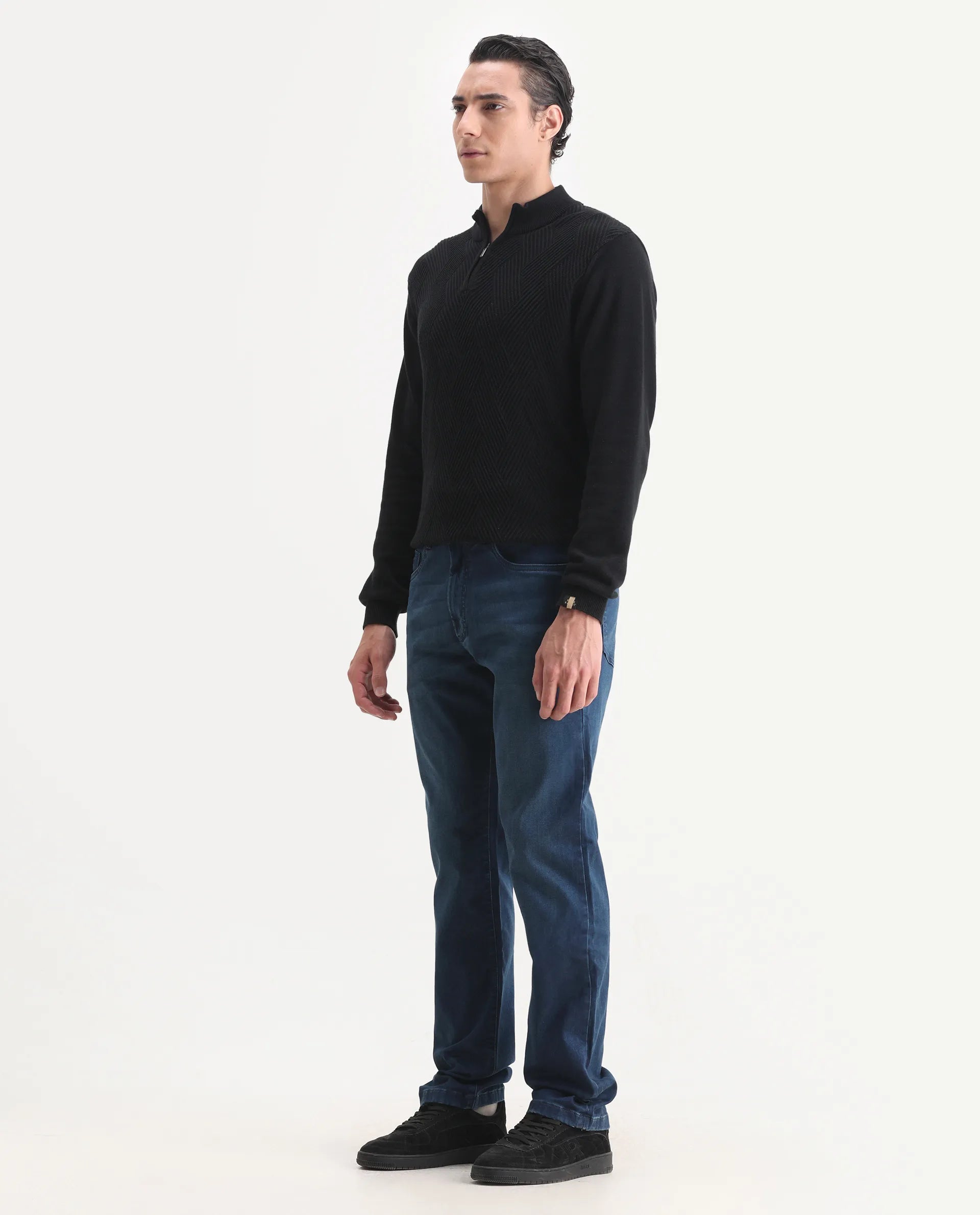 Rare Rabbit Men's Felix-M Dark Blue Cotton Blend Fabric Morris Regular Fit Plain Jeans