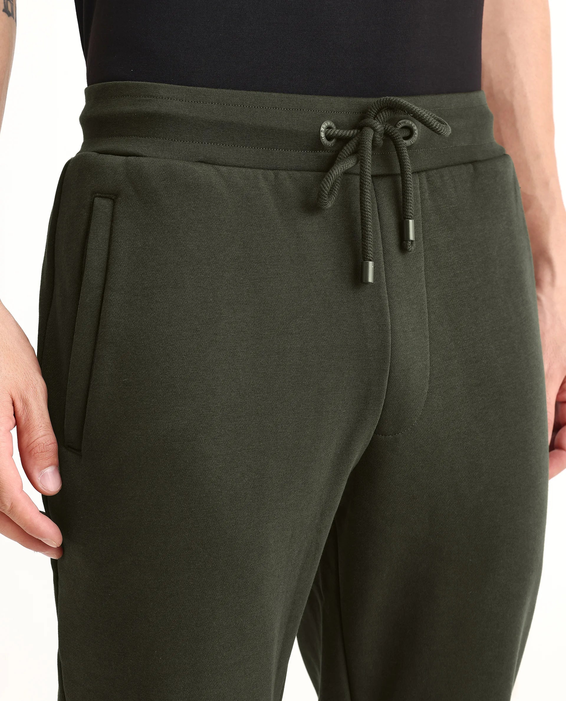 Rare Rabbit Men's Fenit Olive Cotton Plain Regular Fit Track Pant