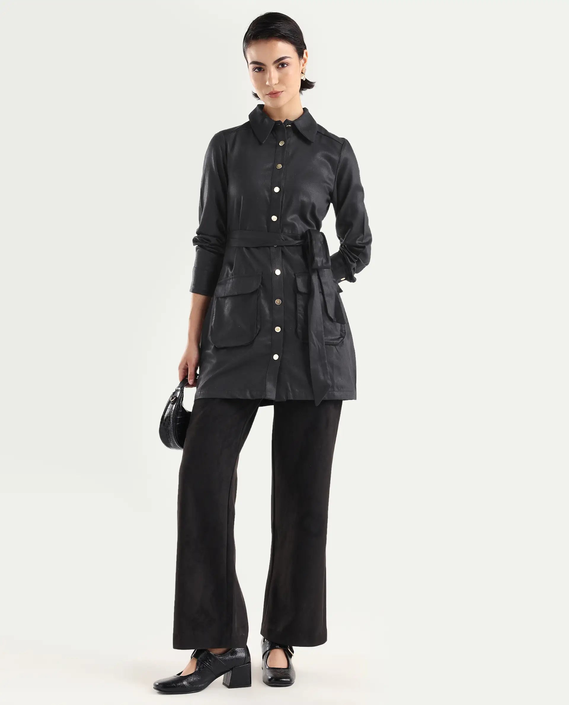 Rareism Women's Fenko Black Cotton Spread Collar Plain Mini Relaxed Fit Dress