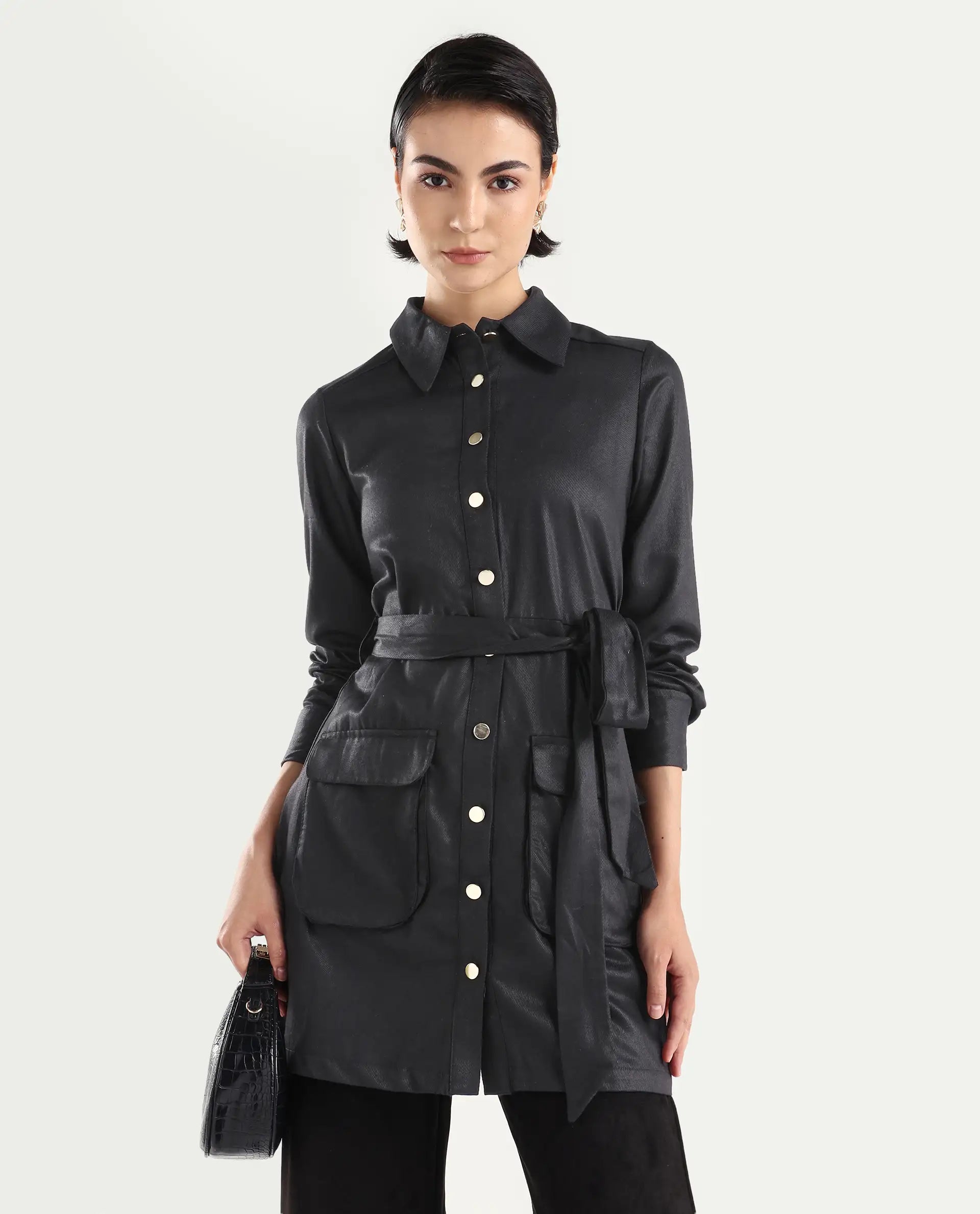 Rareism Women's Fenko Black Cotton Spread Collar Plain Mini Relaxed Fit Dress