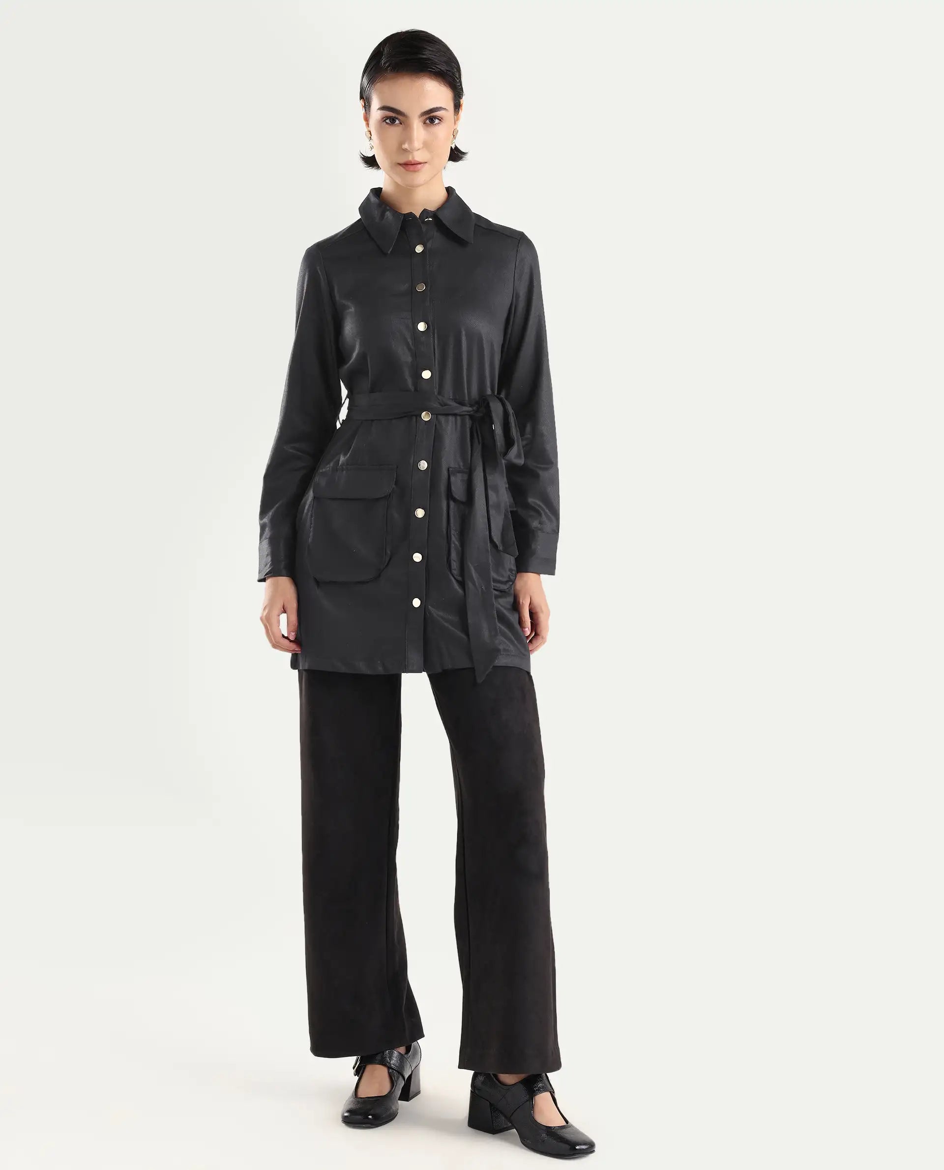 Rareism Women's Fenko Black Cotton Spread Collar Plain Mini Relaxed Fit Dress