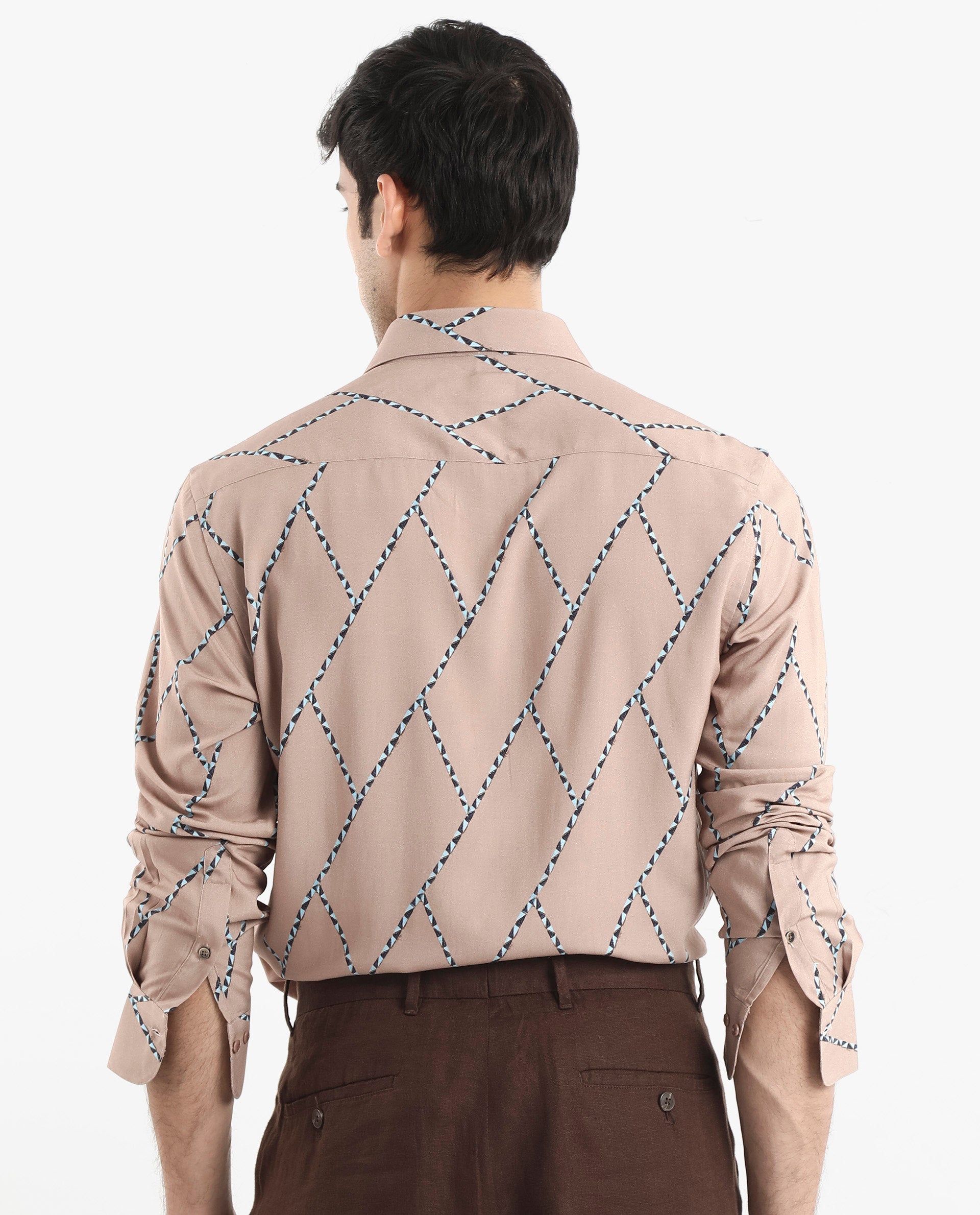 Rare Rabbit Men's Fenney LS Brown Viscose Fabric Full Sleeves Regular Fit Geometric Print Shirt