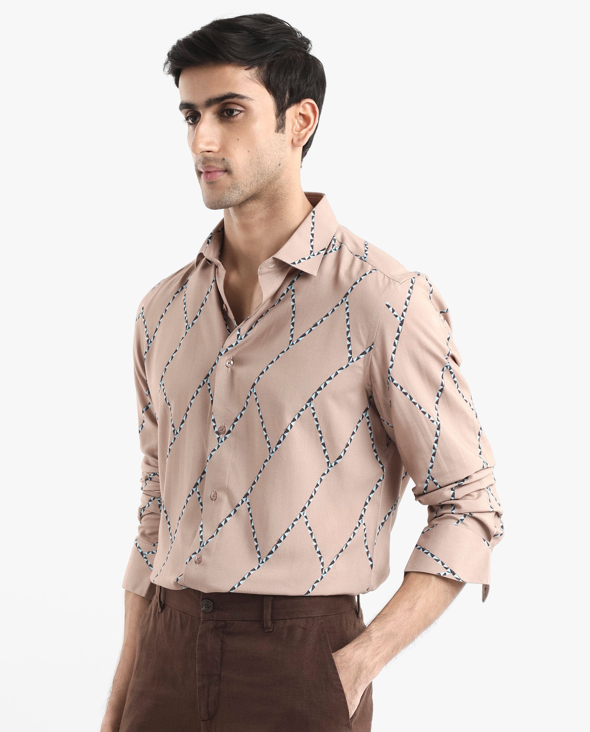 Rare Rabbit Men's Fenney LS Brown Viscose Fabric Full Sleeves Regular Fit Geometric Print Shirt