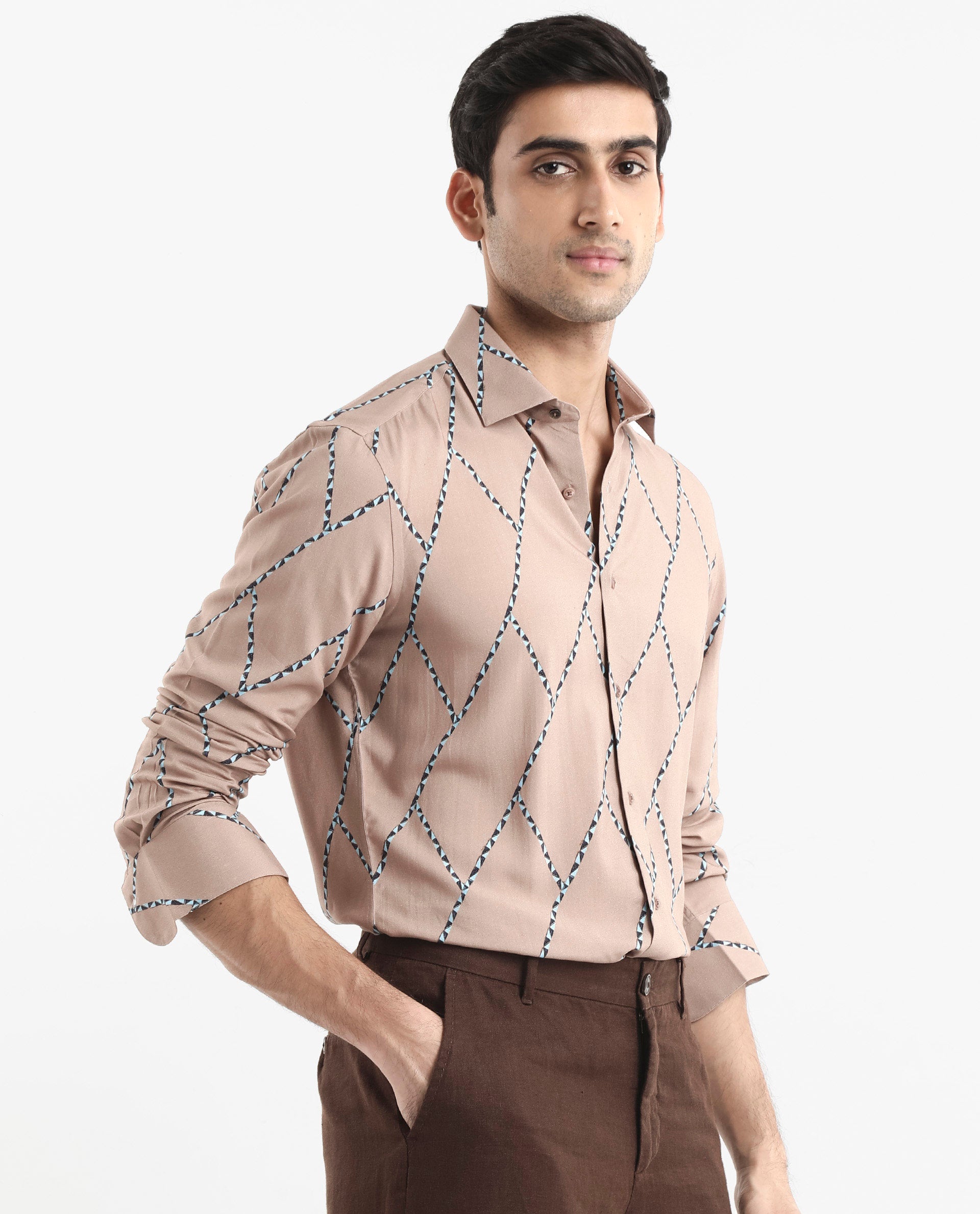 Rare Rabbit Men's Fenney LS Brown Viscose Fabric Full Sleeves Regular Fit Geometric Print Shirt