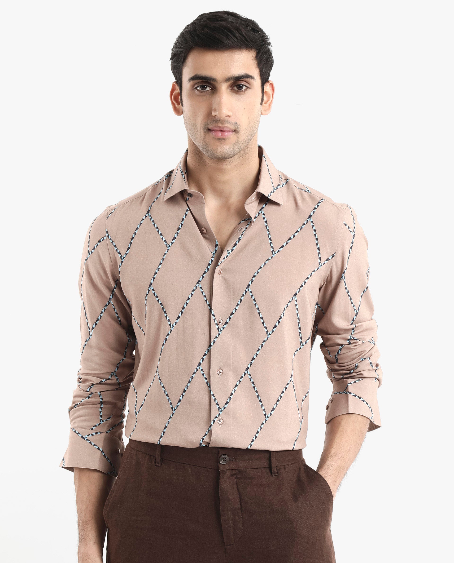 Rare Rabbit Men's Fenney LS Brown Viscose Fabric Full Sleeves Regular Fit Geometric Print Shirt