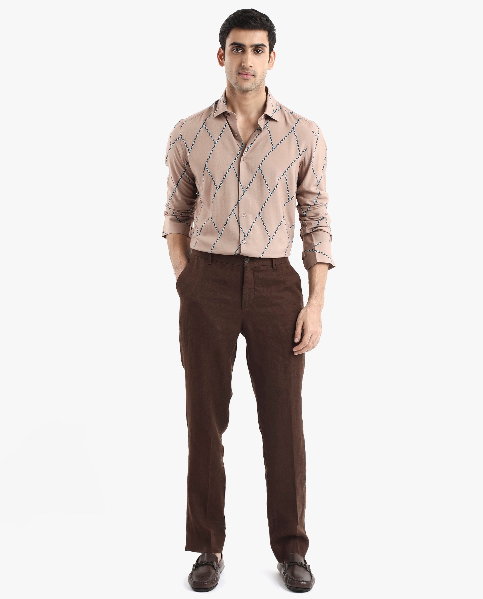 Rare Rabbit Men's Fenney LS Brown Viscose Fabric Full Sleeves Regular Fit Geometric Print Shirt