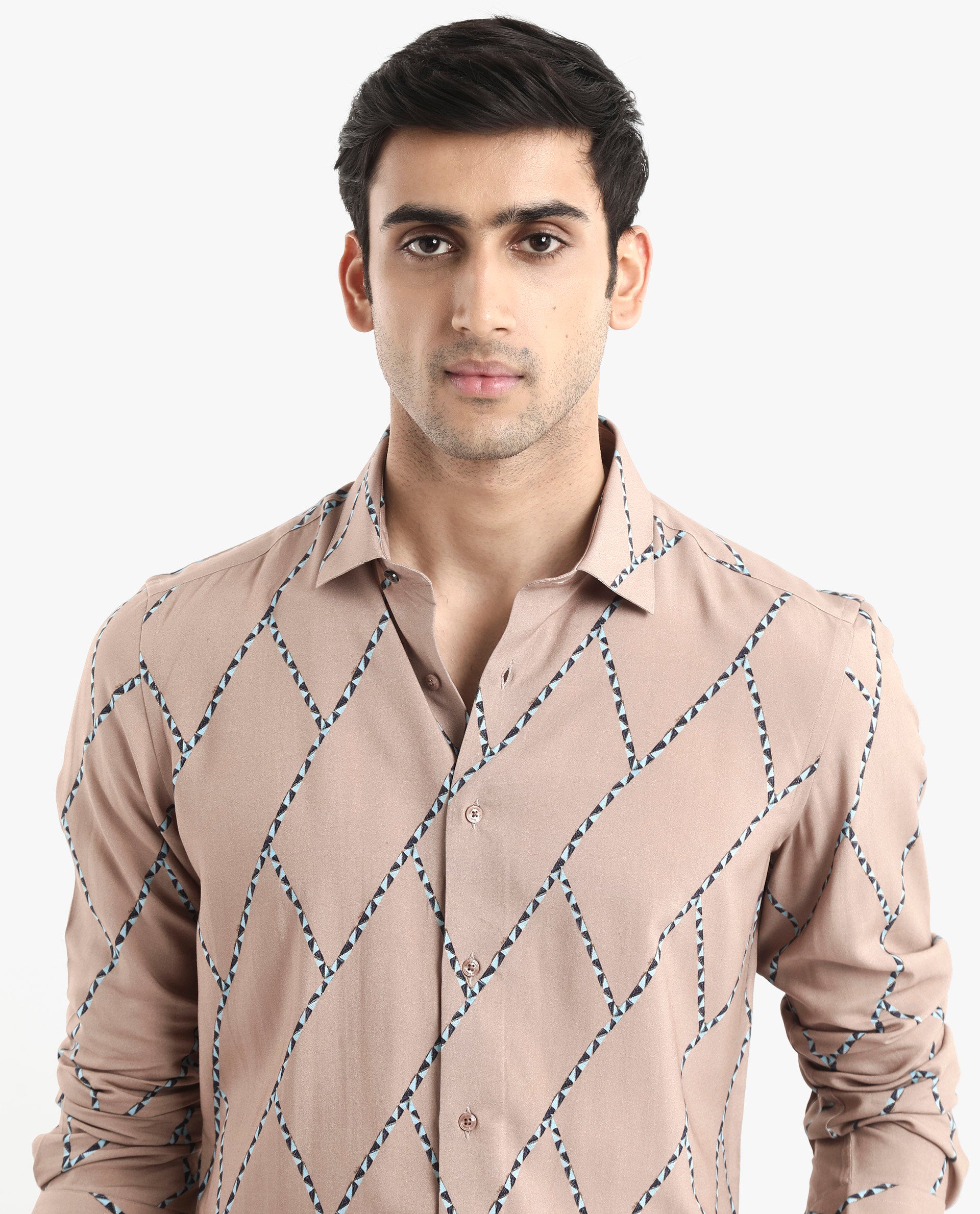 Rare Rabbit Men's Fenney LS Brown Viscose Fabric Full Sleeves Regular Fit Geometric Print Shirt