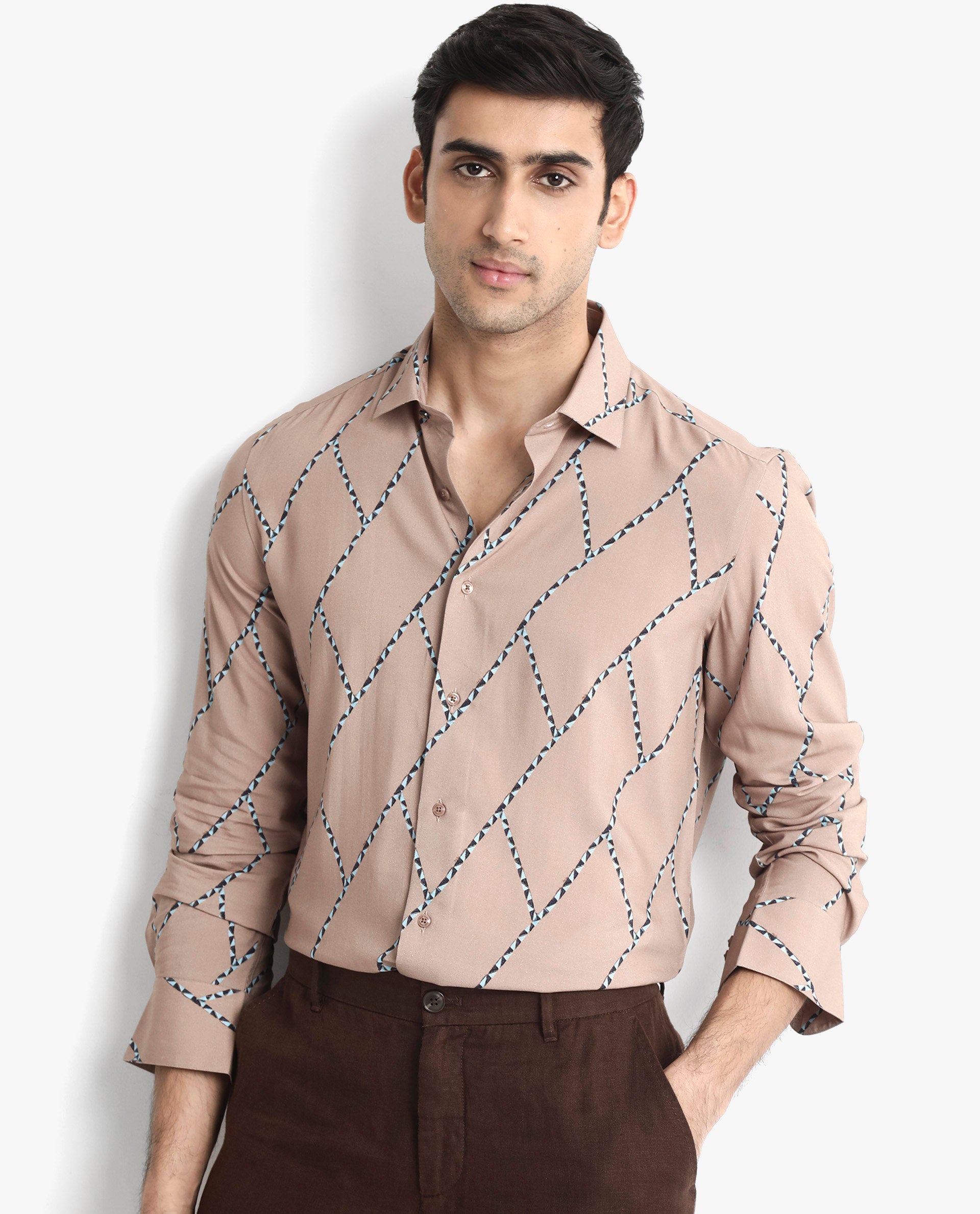 Rare Rabbit Men's Fenney LS Brown Viscose Fabric Full Sleeves Regular Fit Geometric Print Shirt