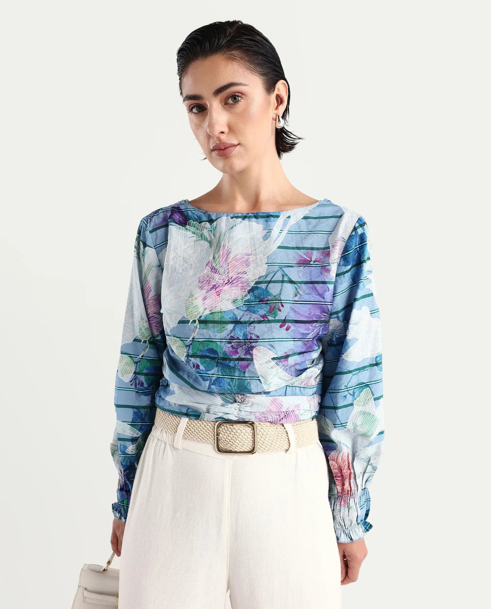 Rareism Women's Feonao Blue Nylon Blend Crew Neck Floral Print Bishop Sleeve Crop Regular Fit Top