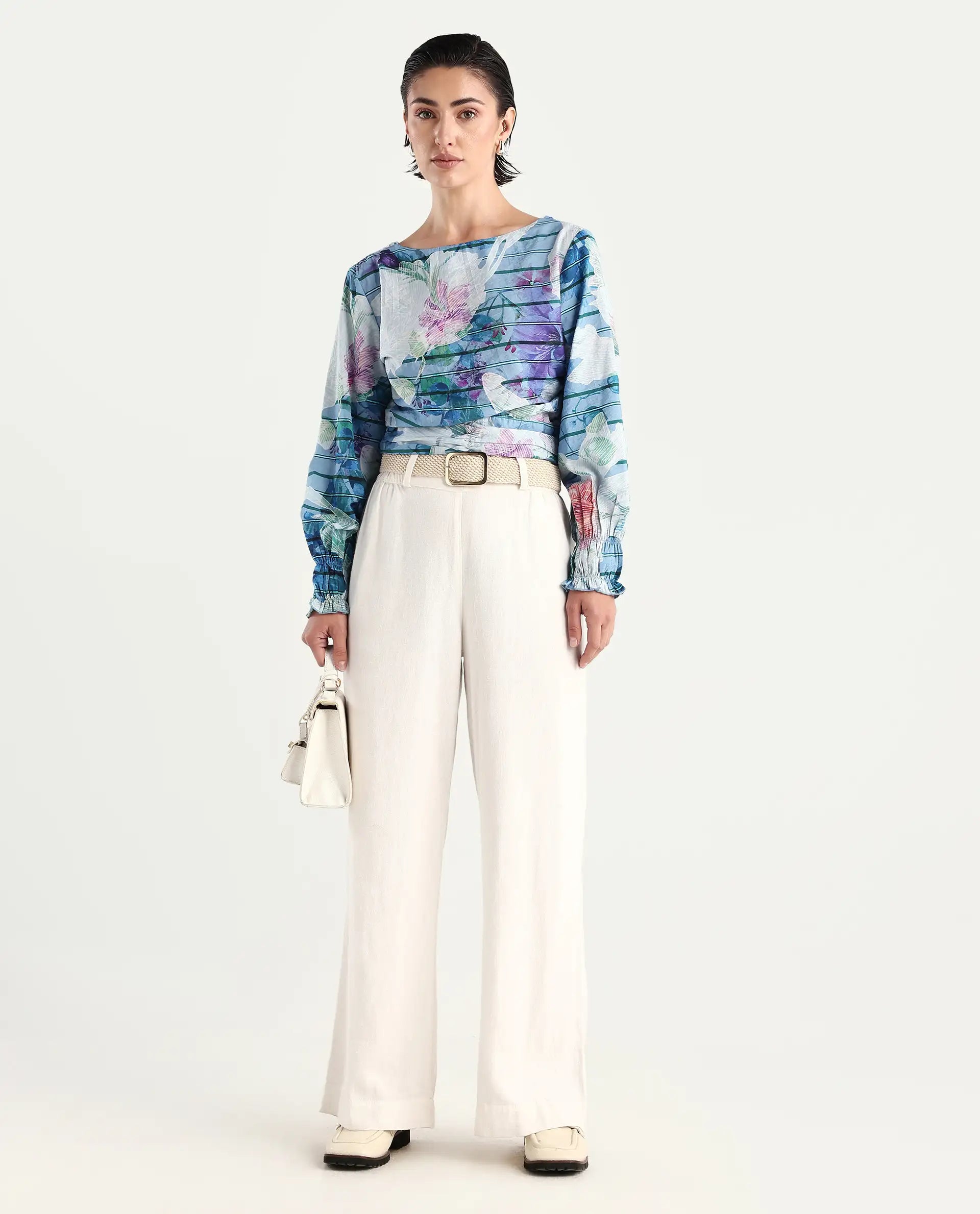 Rareism Women's Feonao Blue Nylon Blend Crew Neck Floral Print Bishop Sleeve Crop Regular Fit Top