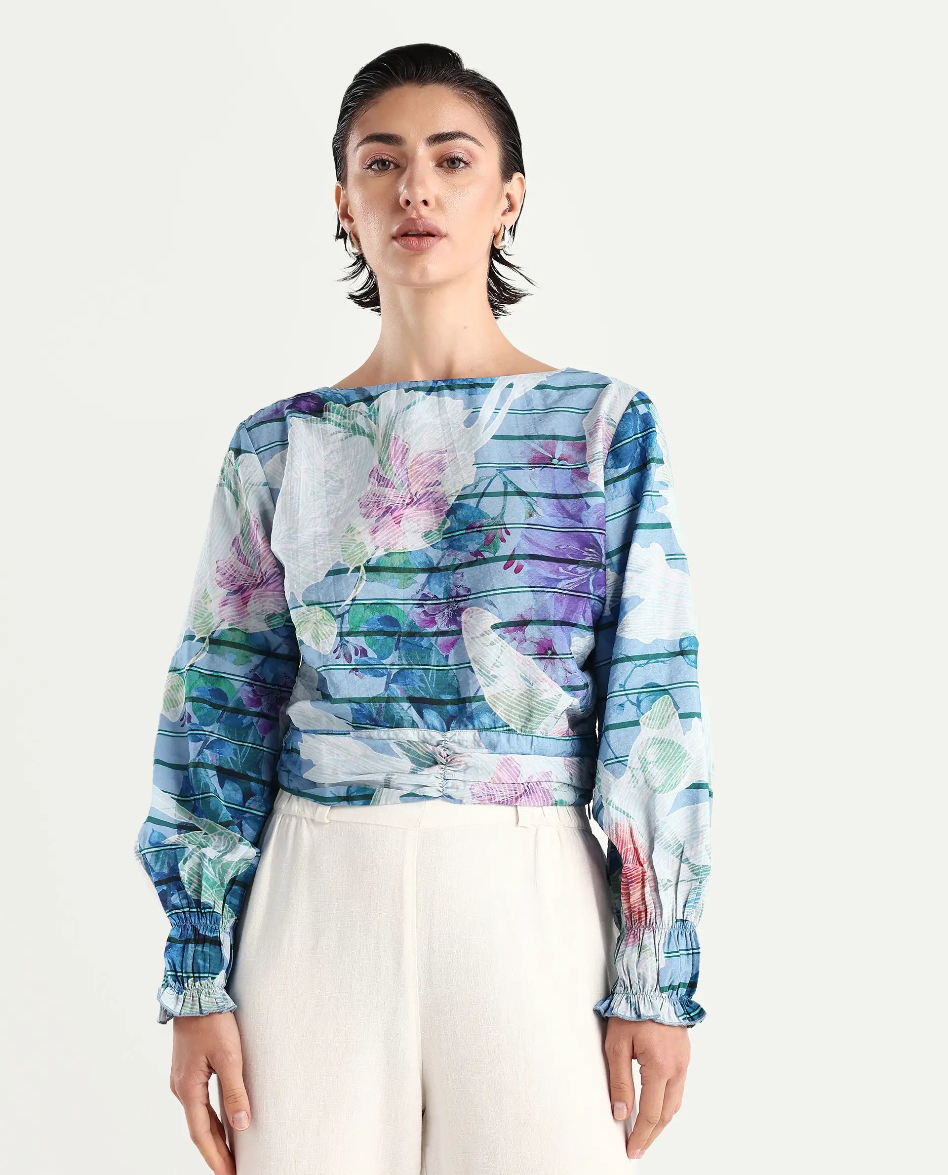 Rareism Women's Feonao Blue Nylon Blend Crew Neck Floral Print Bishop Sleeve Crop Regular Fit Top