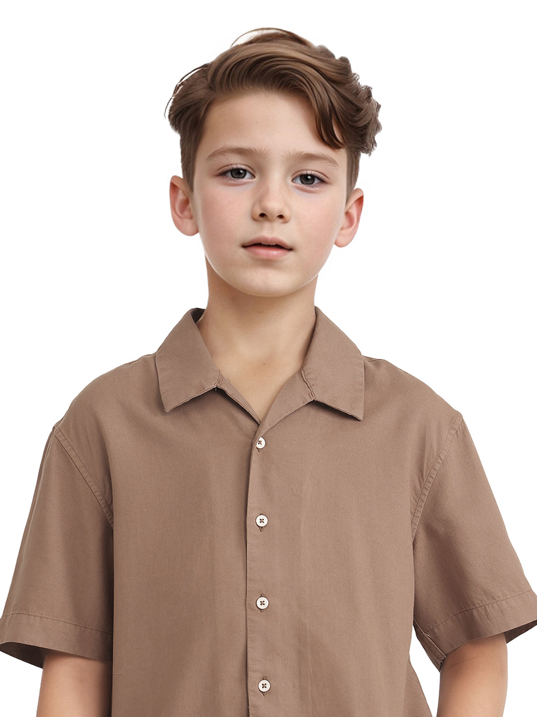 Rare Ones Kids Fern-S Brown Viscose Blend Half Sleeve Button Closure Solid Regular Fit Shirt