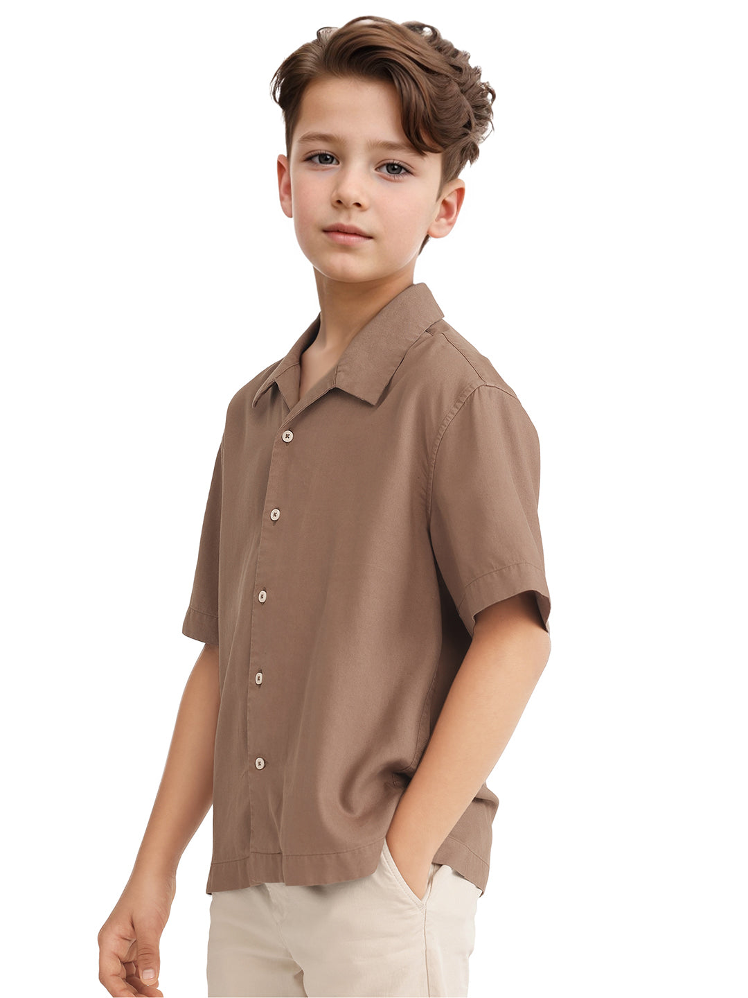 Rare Ones Kids Fern-S Brown Viscose Blend Half Sleeve Button Closure Solid Regular Fit Shirt
