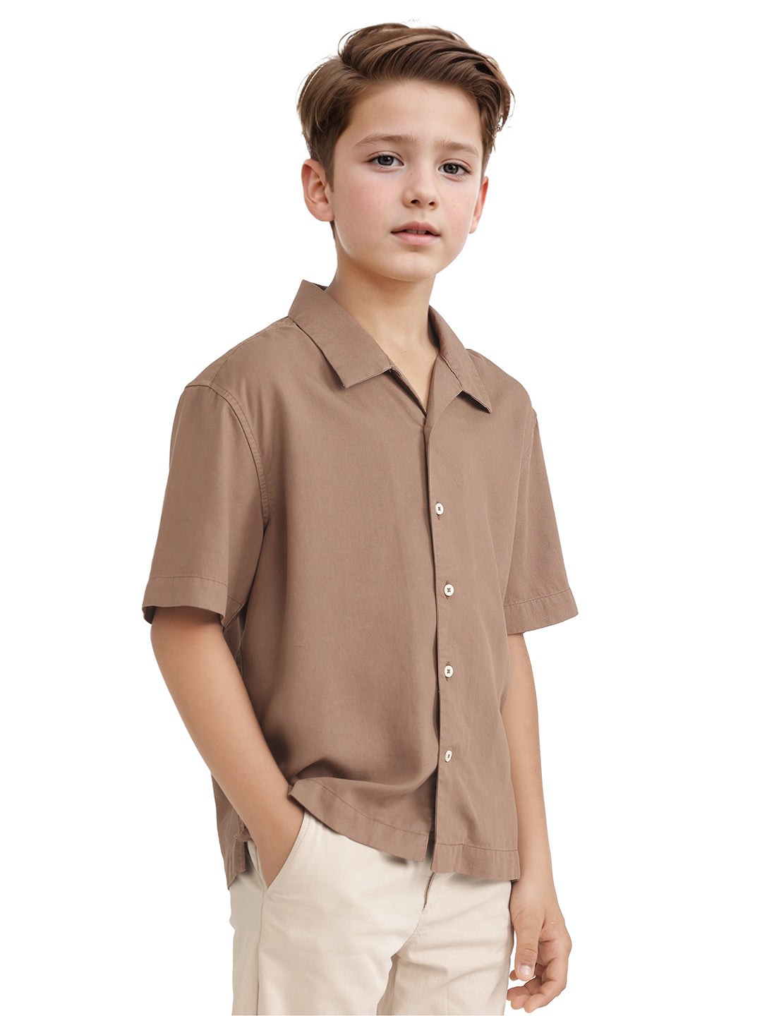 Rare Ones Kids Fern-S Brown Viscose Blend Half Sleeve Button Closure Solid Regular Fit Shirt