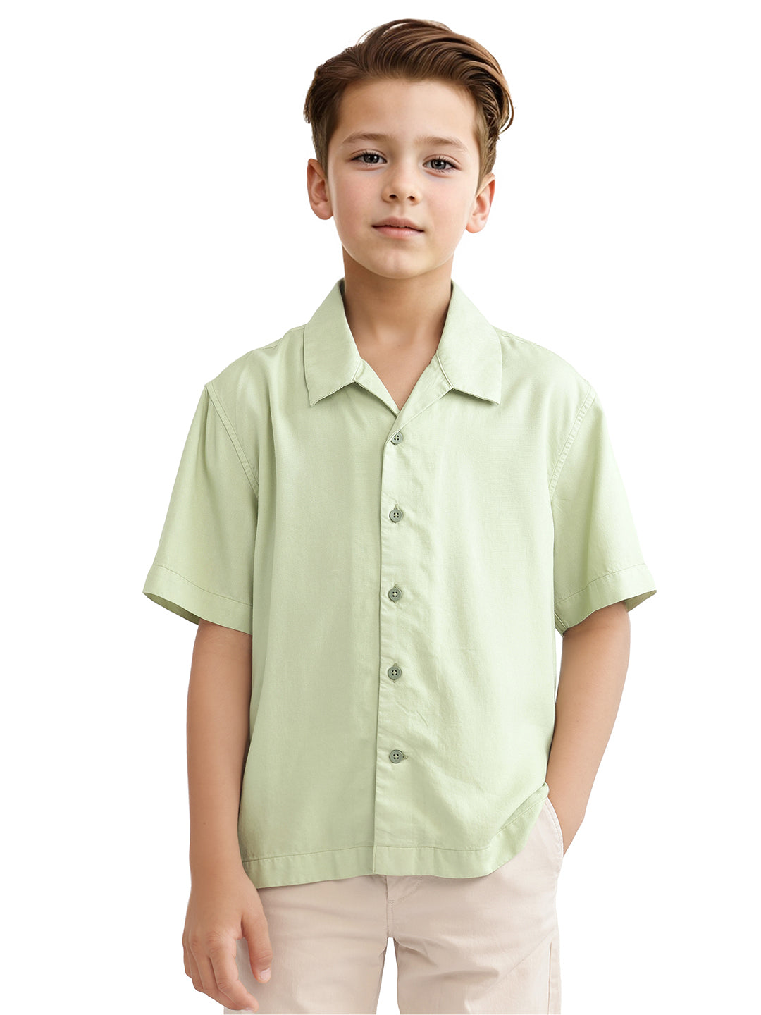 Rare Ones Kids Fern-S Light Green Viscose Blend Half Sleeve Button Closure Solid Regular Fit Shirt