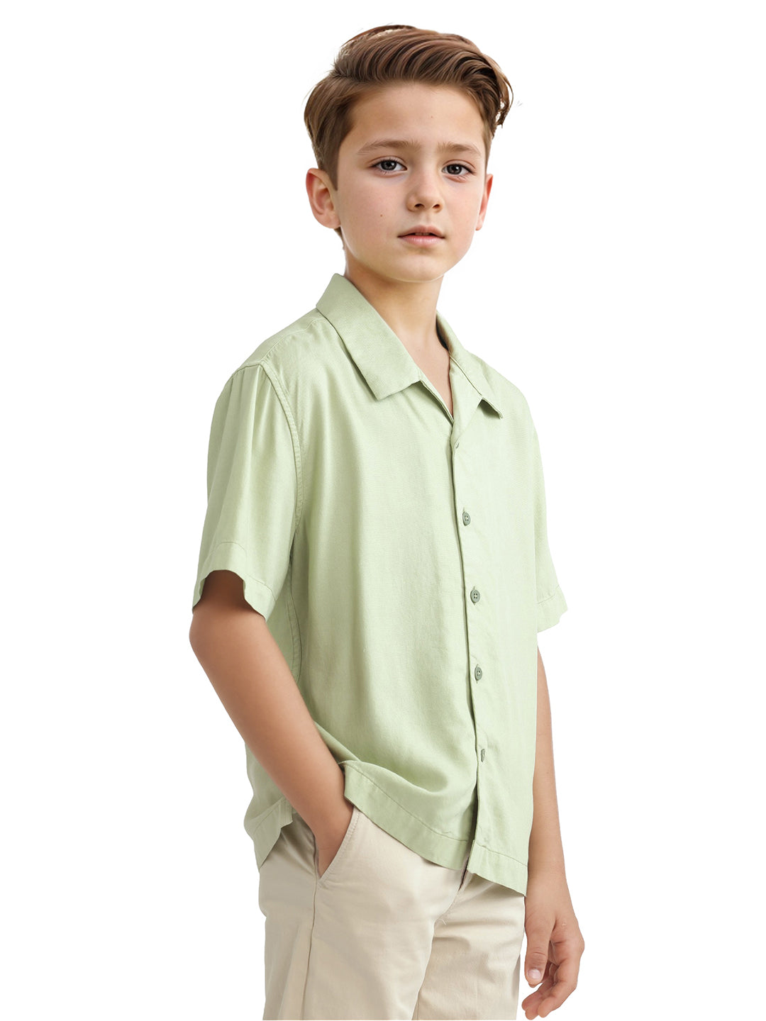 Rare Ones Kids Fern-S Light Green Viscose Blend Half Sleeve Button Closure Solid Regular Fit Shirt
