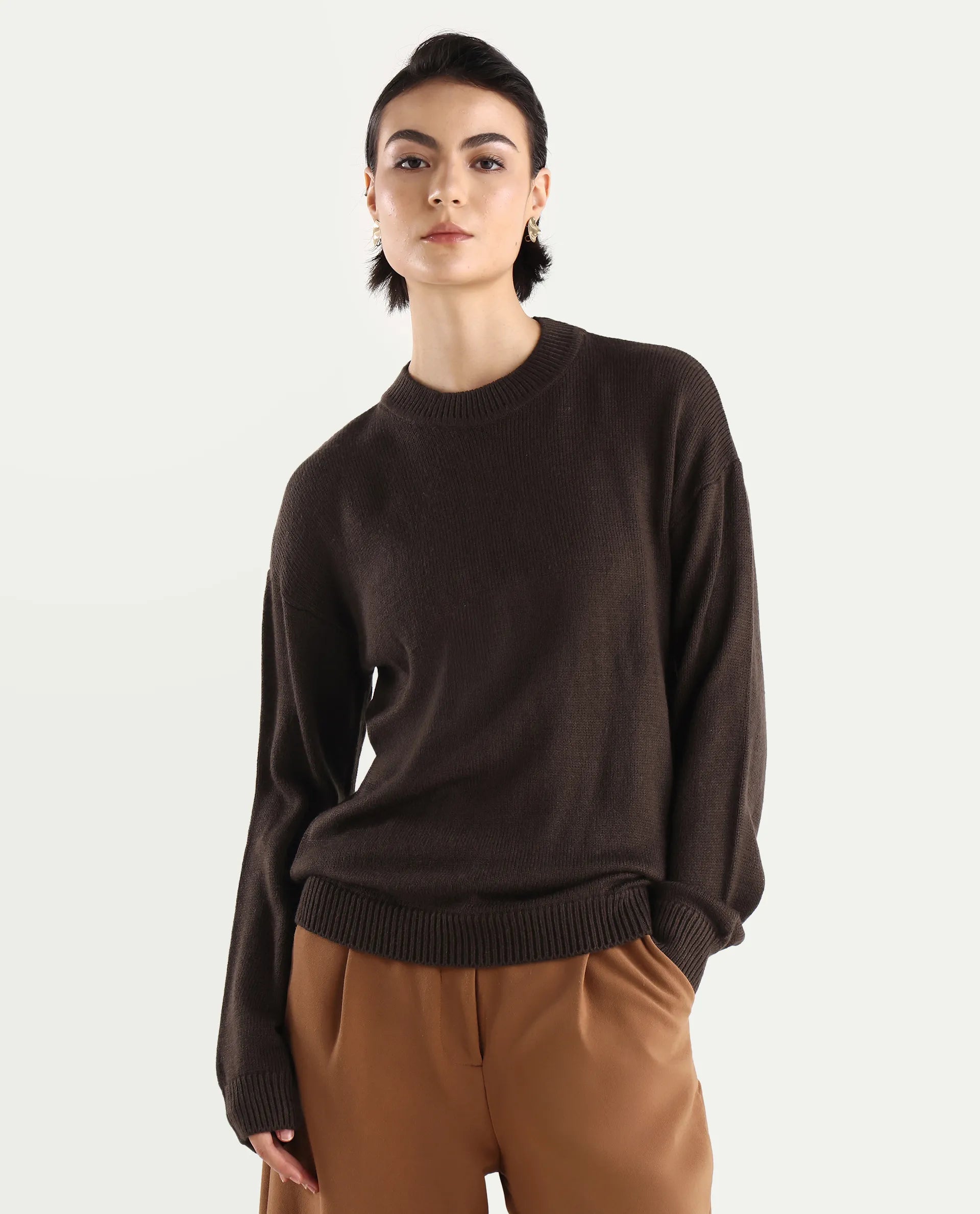 Rareism Women's Ferny Brown Acrylic Turtle Neck Plain Regular Fit Sweater