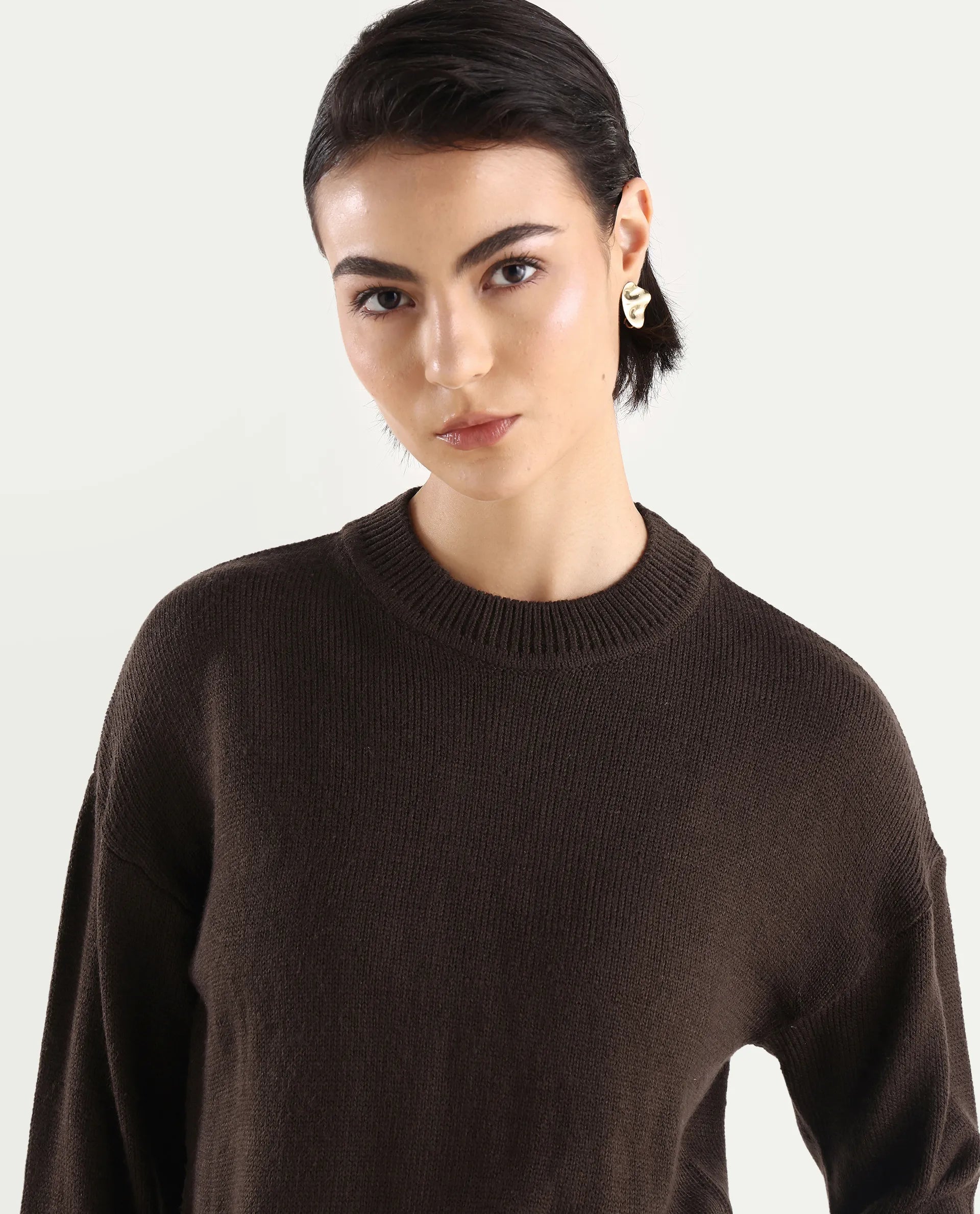 Rareism Women's Ferny Brown Acrylic Turtle Neck Plain Regular Fit Sweater
