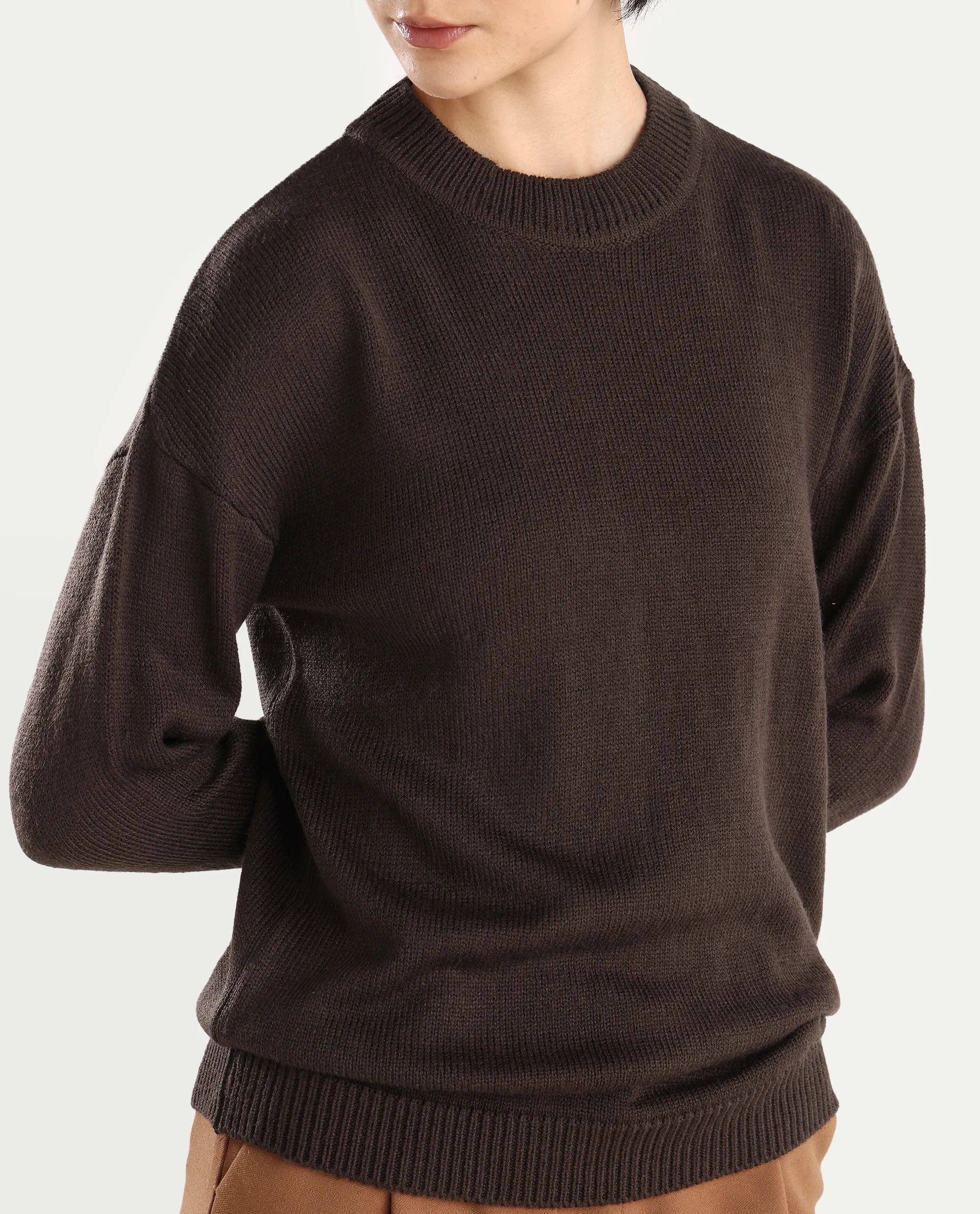 Rareism Women's Ferny Brown Acrylic Turtle Neck Plain Regular Fit Sweater